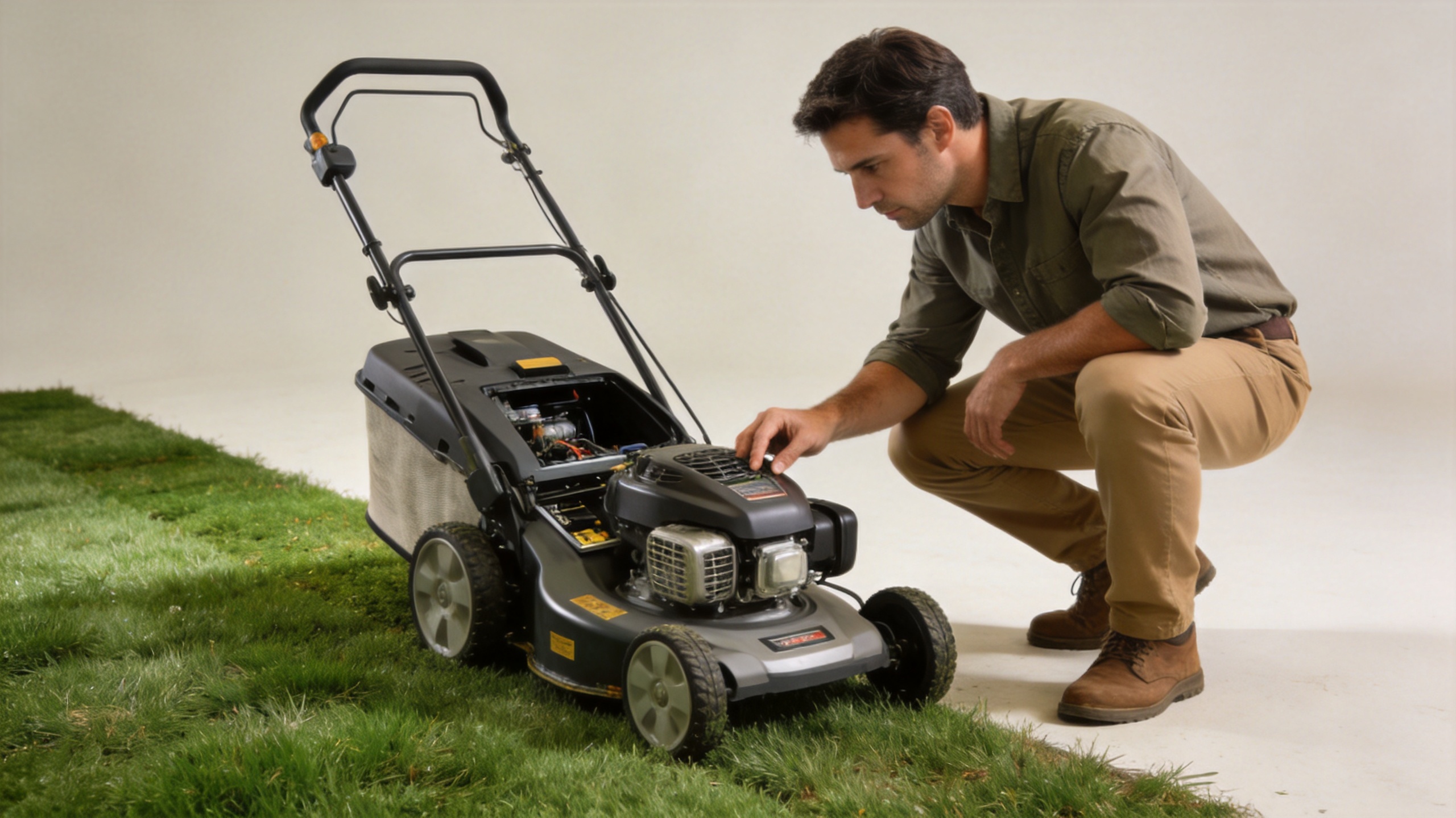 Buyer checking lawn mower maintenance access and site fit