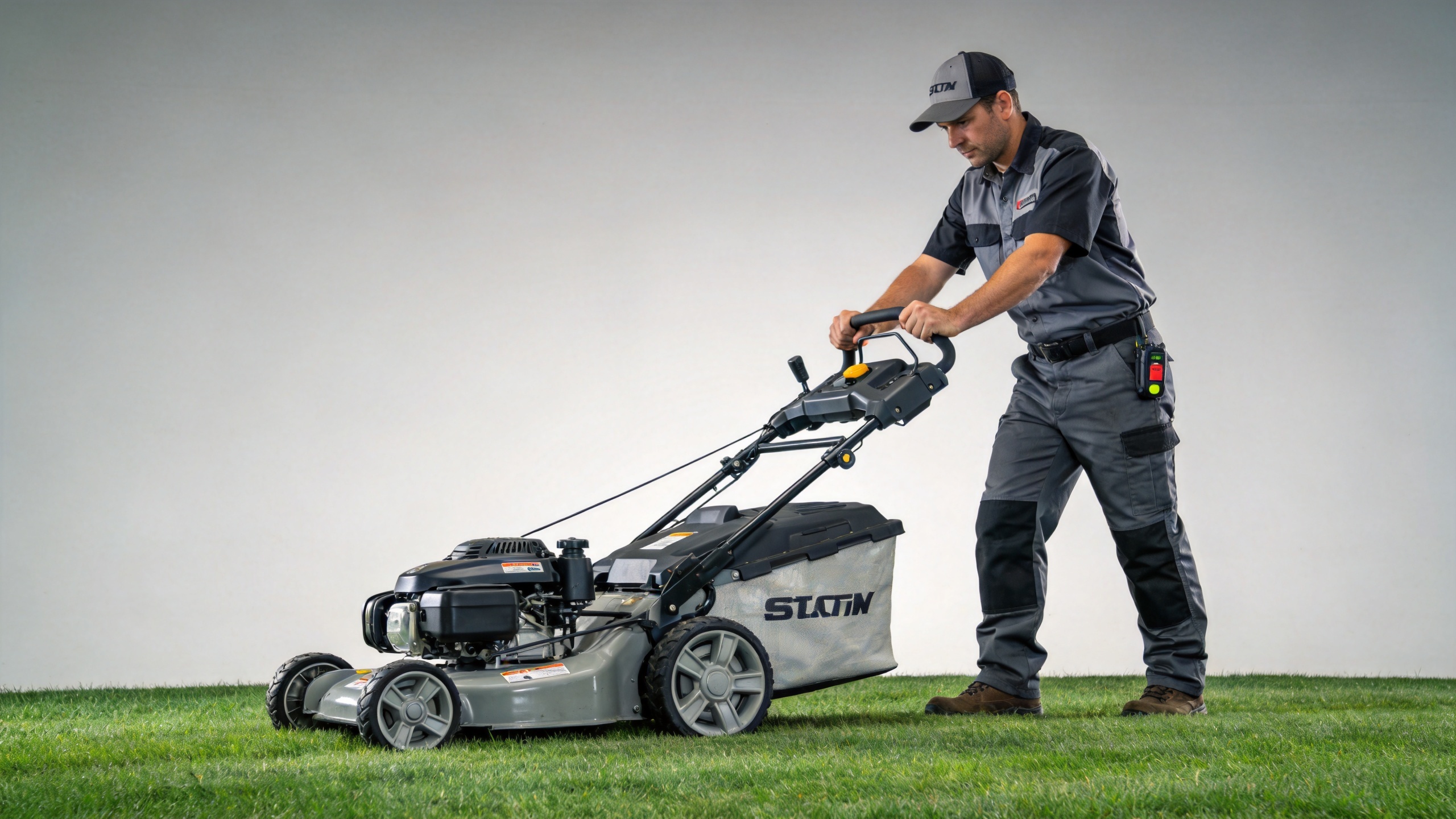 Operator completing pre-start checks for a lawn mower