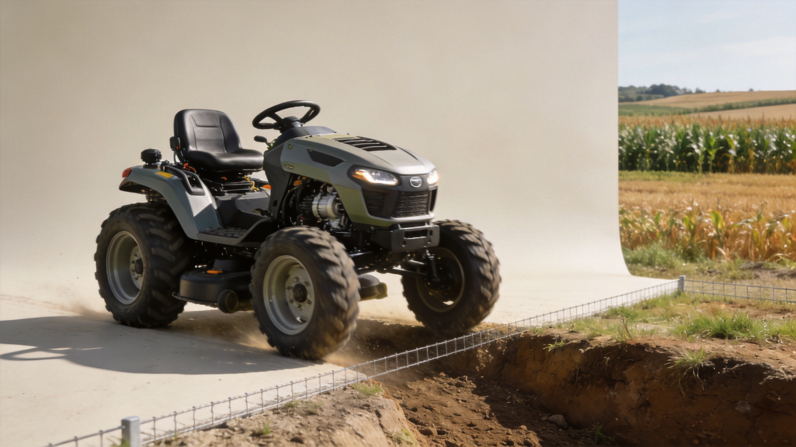 Remote control lawn mower approaching a firm low terrain transition