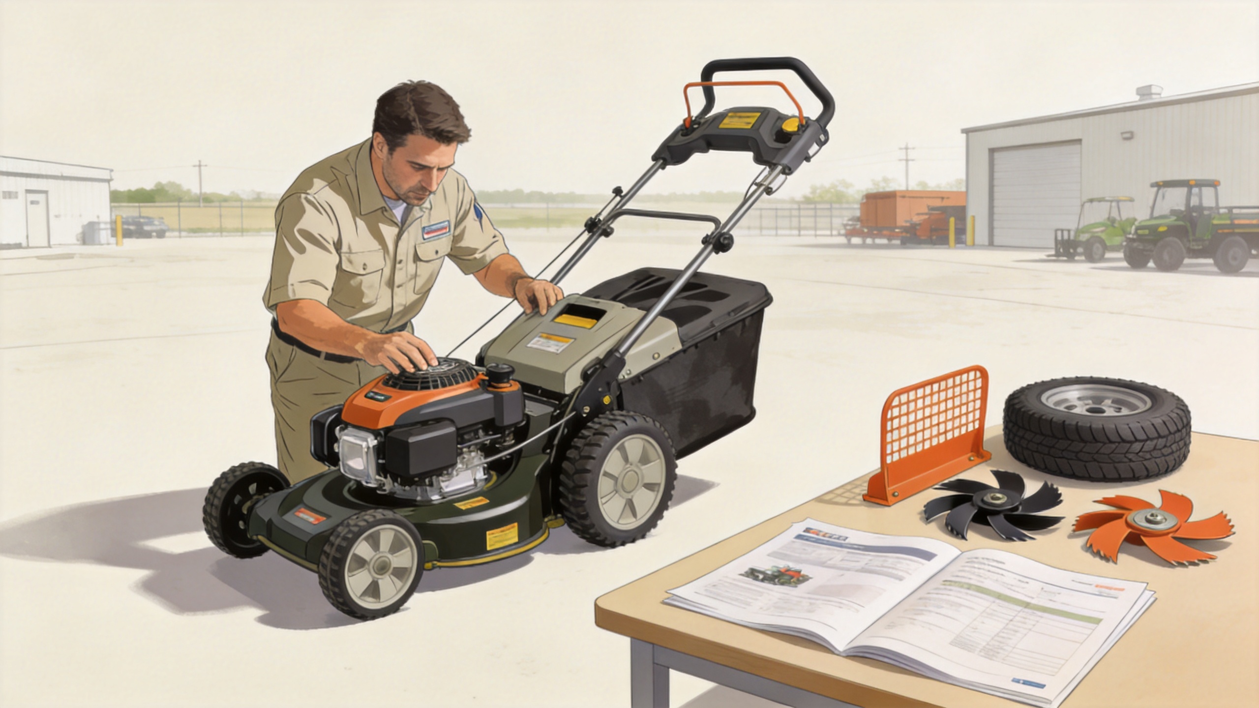 Professional inspection of a lawn mower before purchase