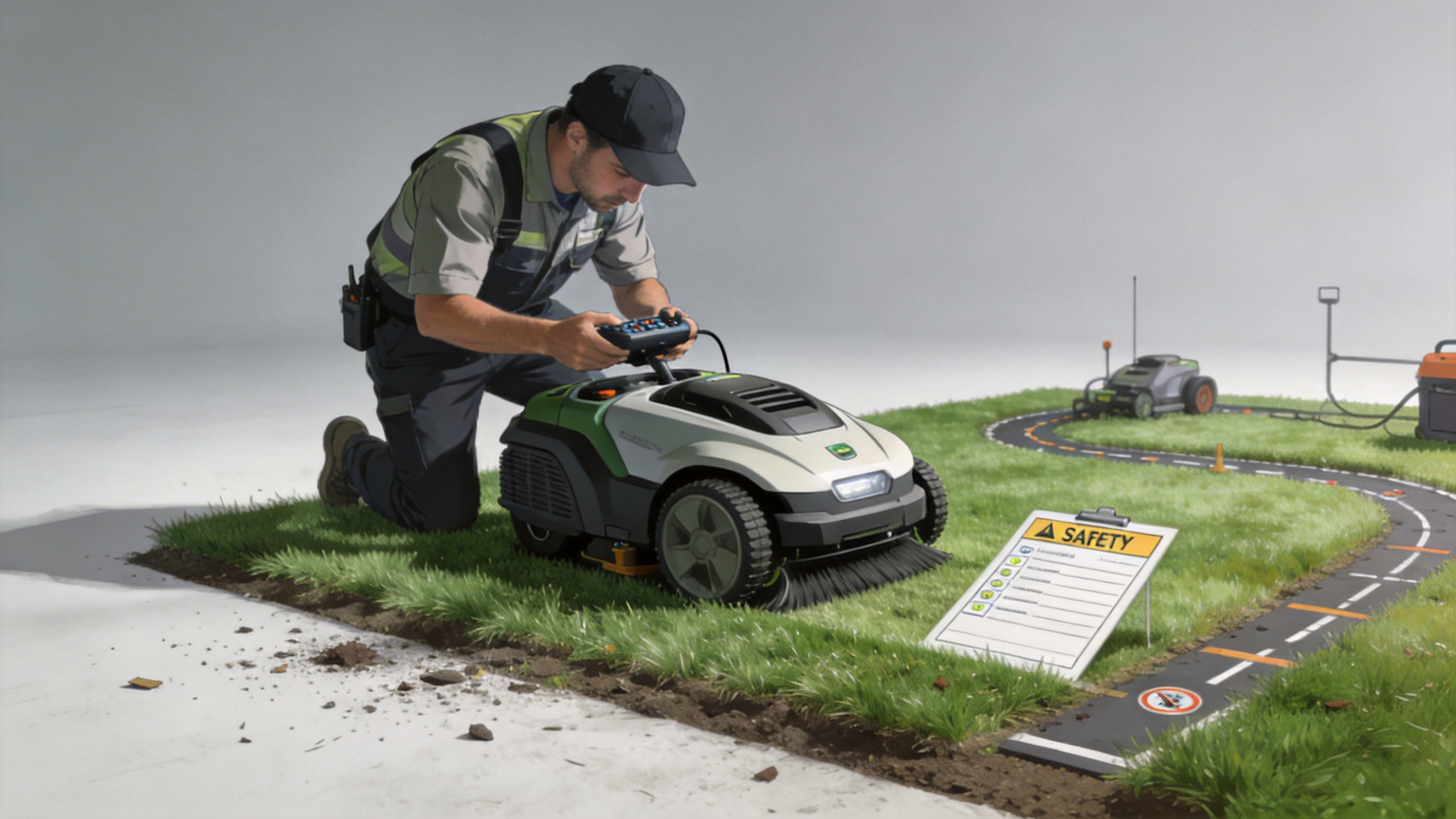 Operator inspecting a lawn mower before supervised automated mowing