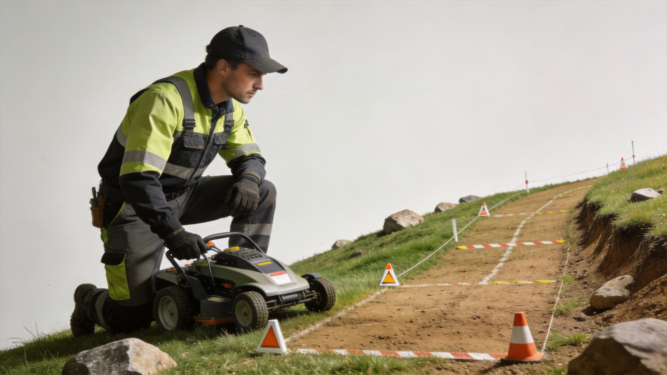 Operator checking a slope lawn mower route and hillside hazards