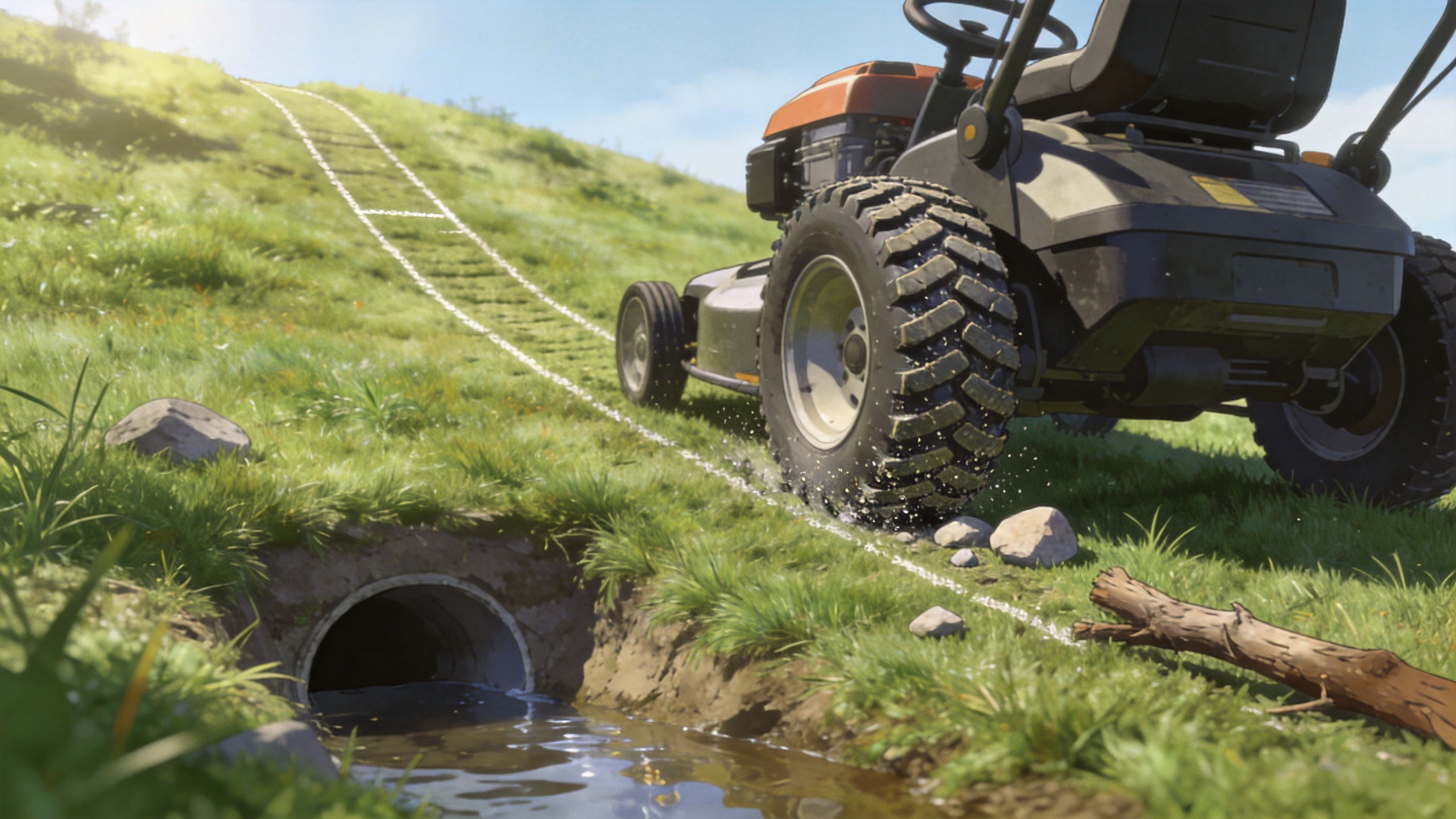 Wheel lawn mower on sloped grass showing traction and route-planning considerations