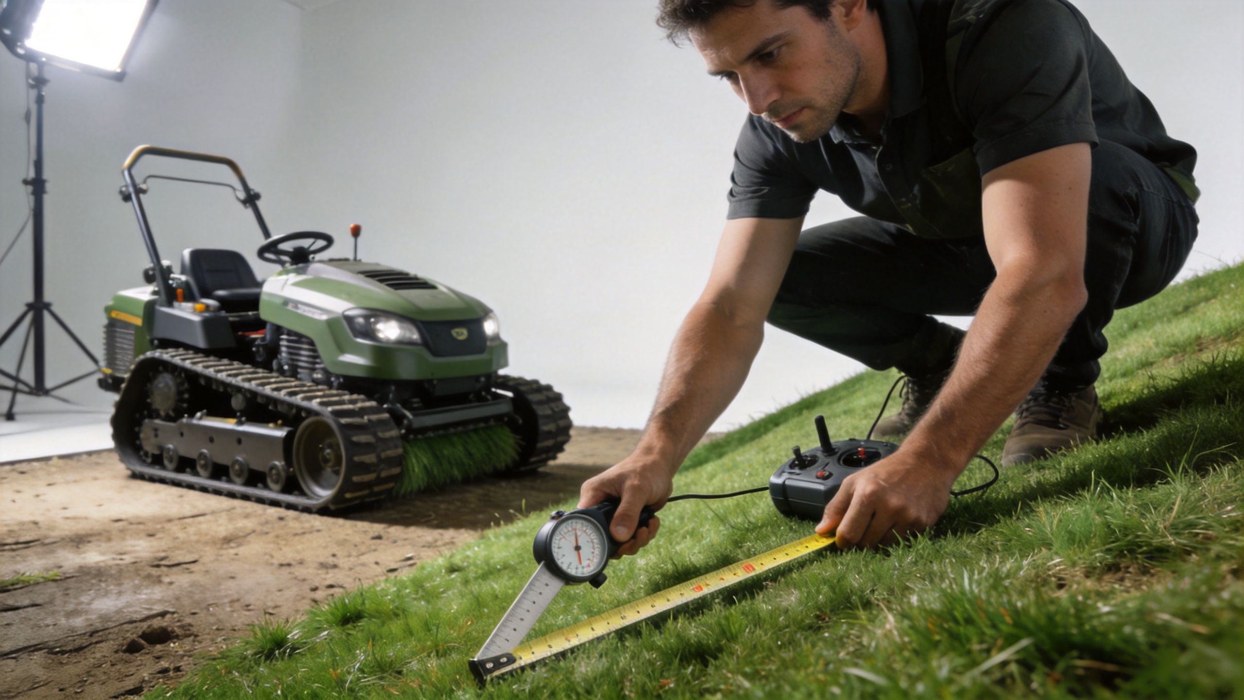 Operator measuring a slope before tracked lawn mower operation