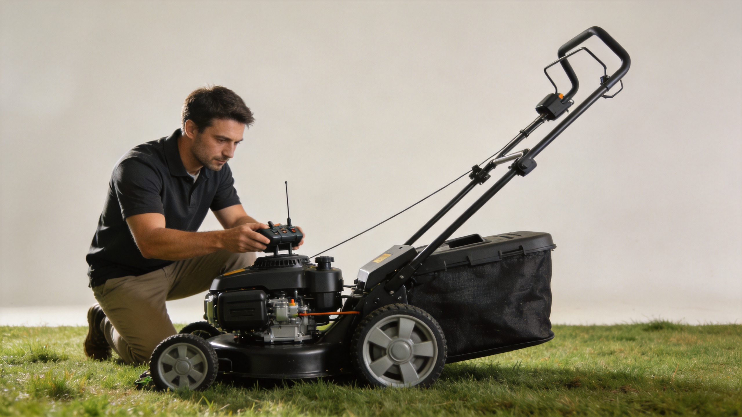 Remote control lawn mower parked for a safe cutting-height adjustment