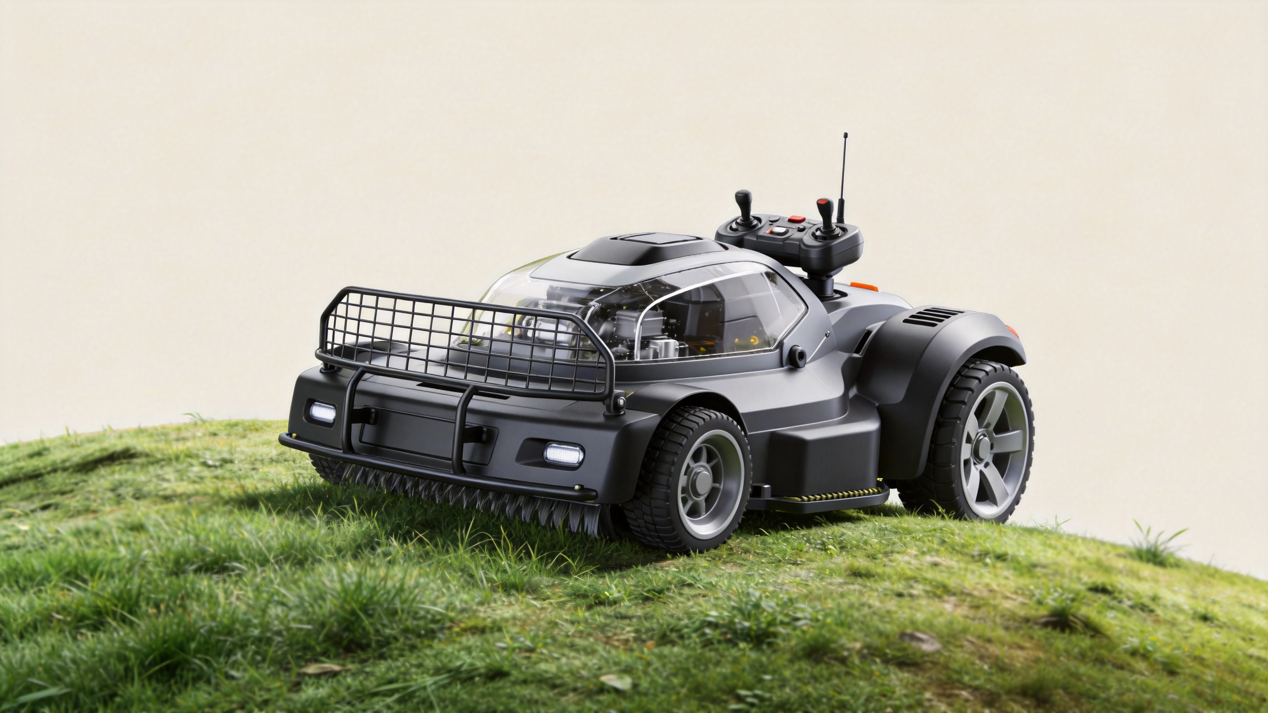 Remote control lawn mower cutting deck and blade protection design for hilly terrain
