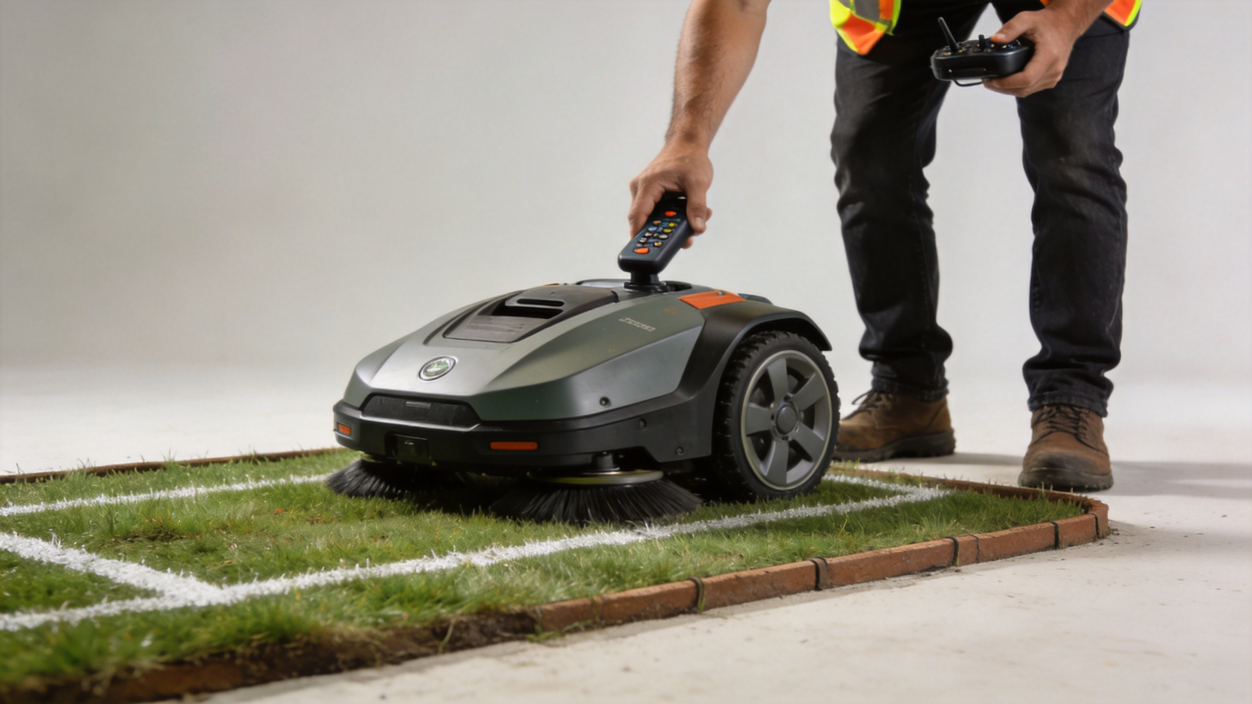 Robot lawnmower with remote control at a clearly marked work zone