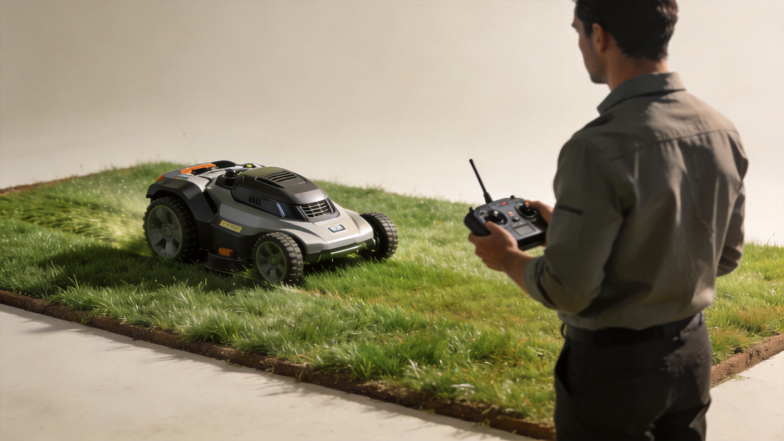Remote control lawn mower operator managing a clear mowing route