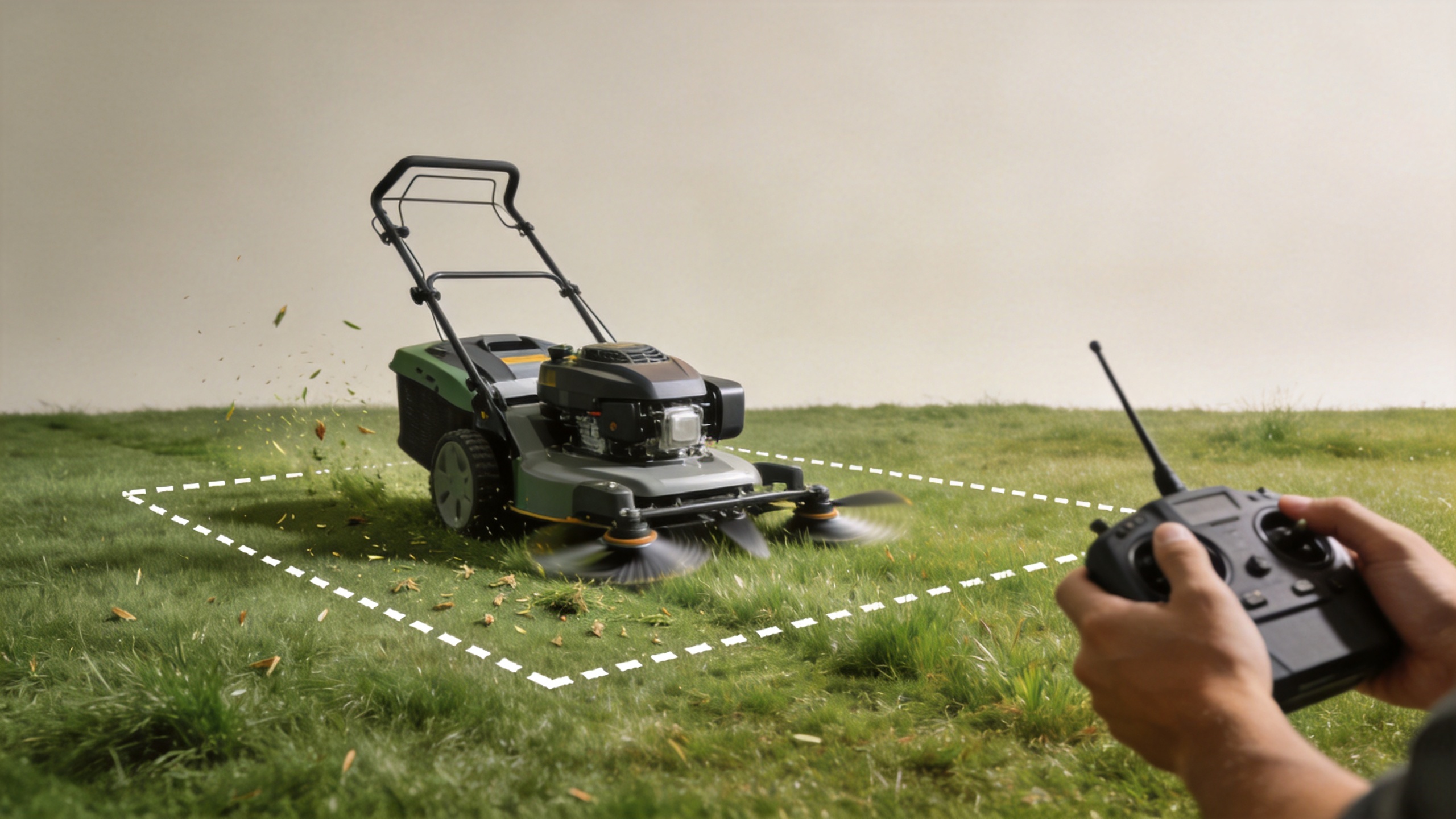 Remote control lawn mower operating in a managed grassy work area