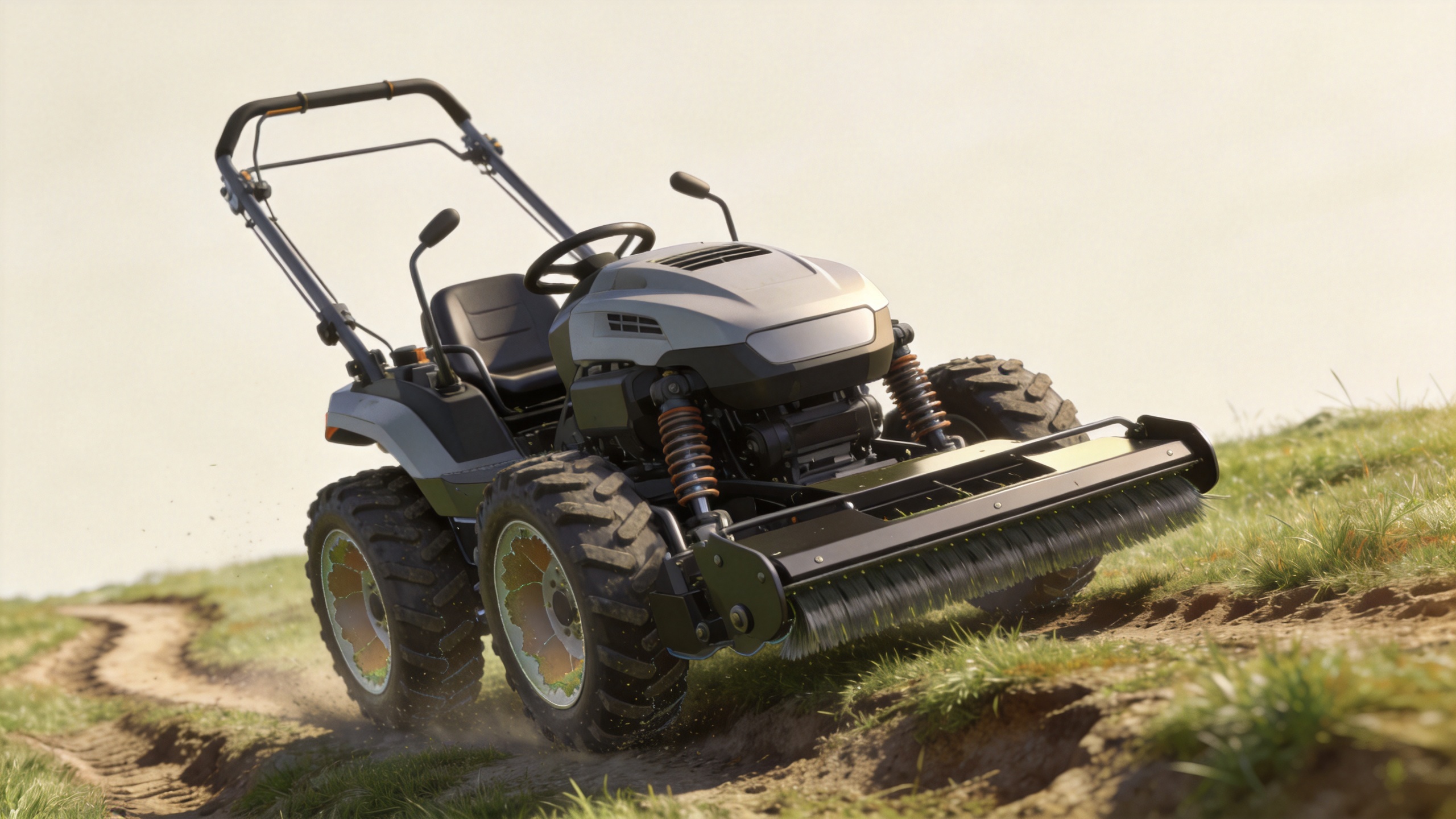 Rough terrain lawn mower suspension and deck movement illustration