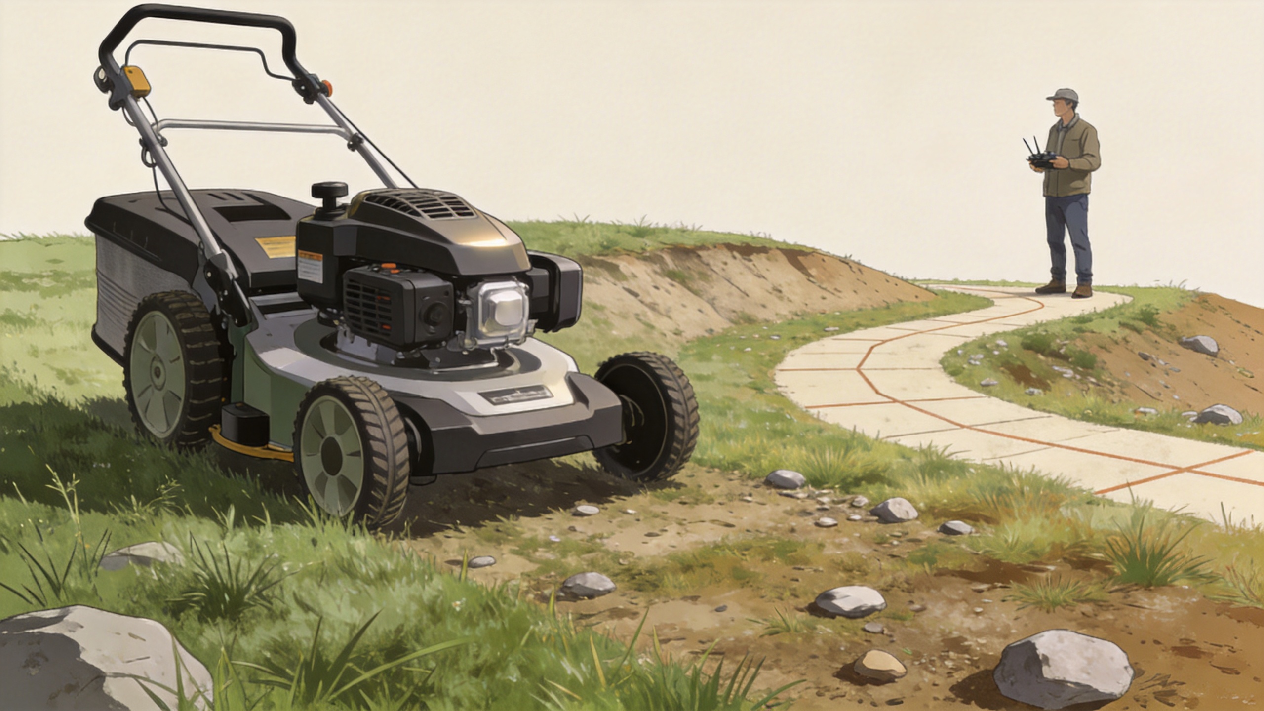 Remote control lawn mower inspection plan for uneven mixed terrain
