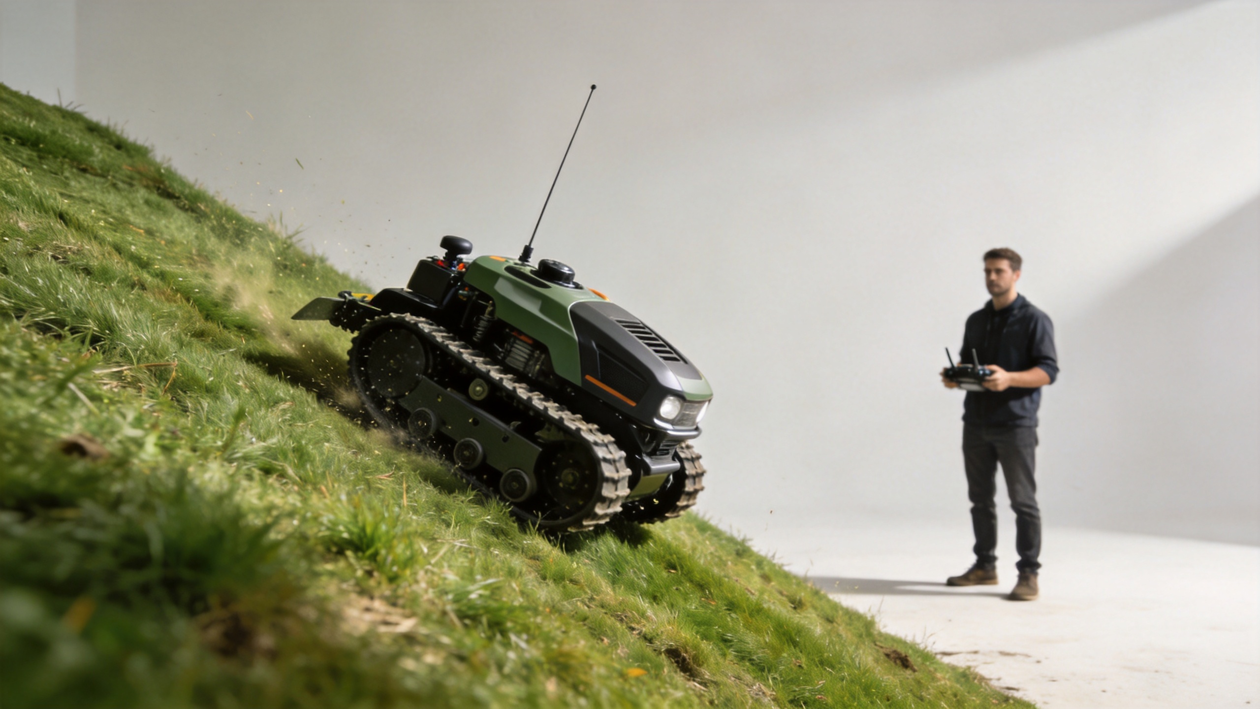Remote control lawn mower undergoing a controlled steep-slope safety site check