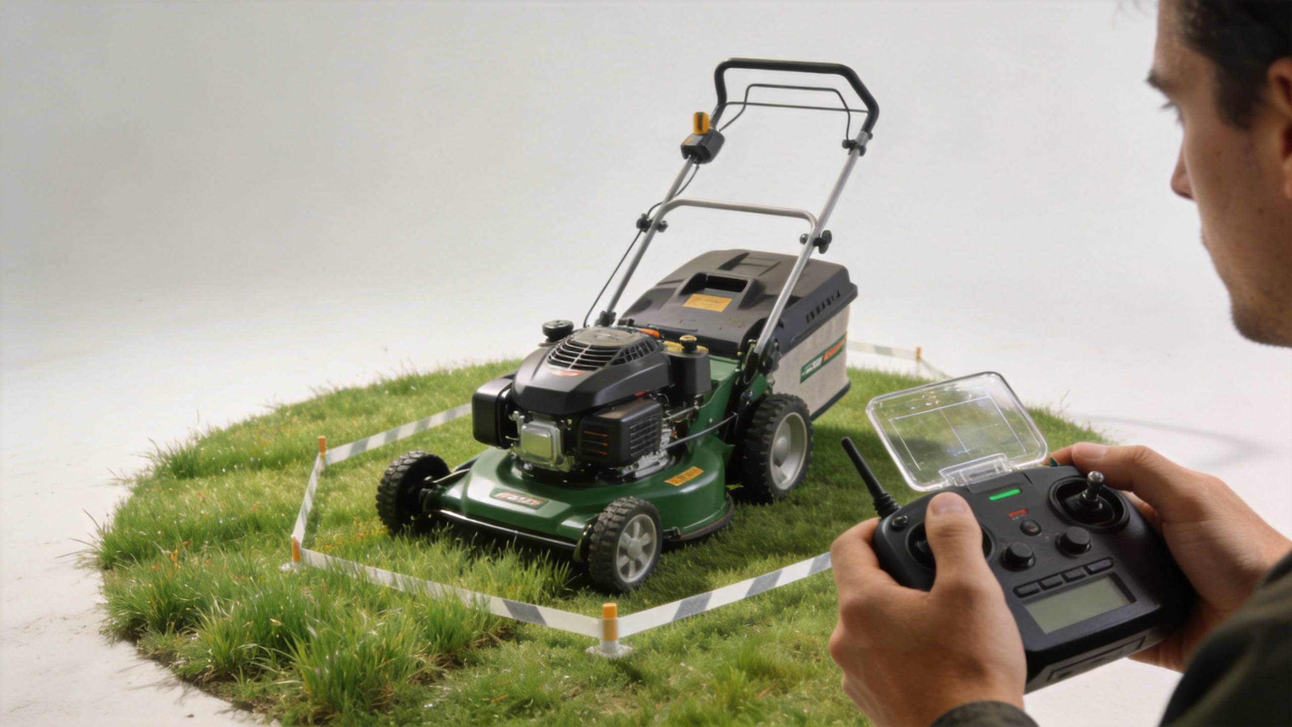 Operator using a remote control lawn mower with clear line of sight