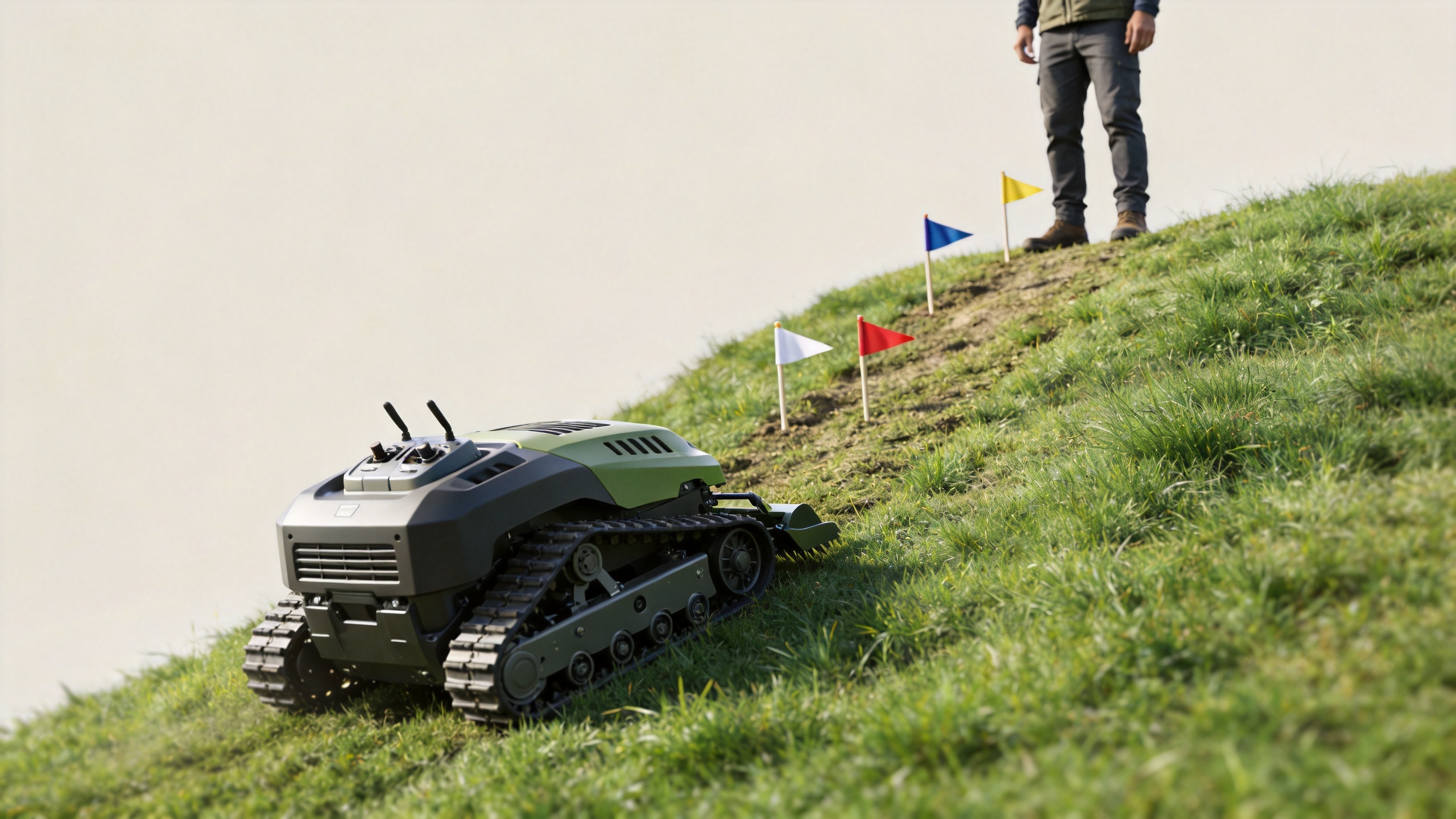Remote control lawn mower on a hillside with a safe operator position