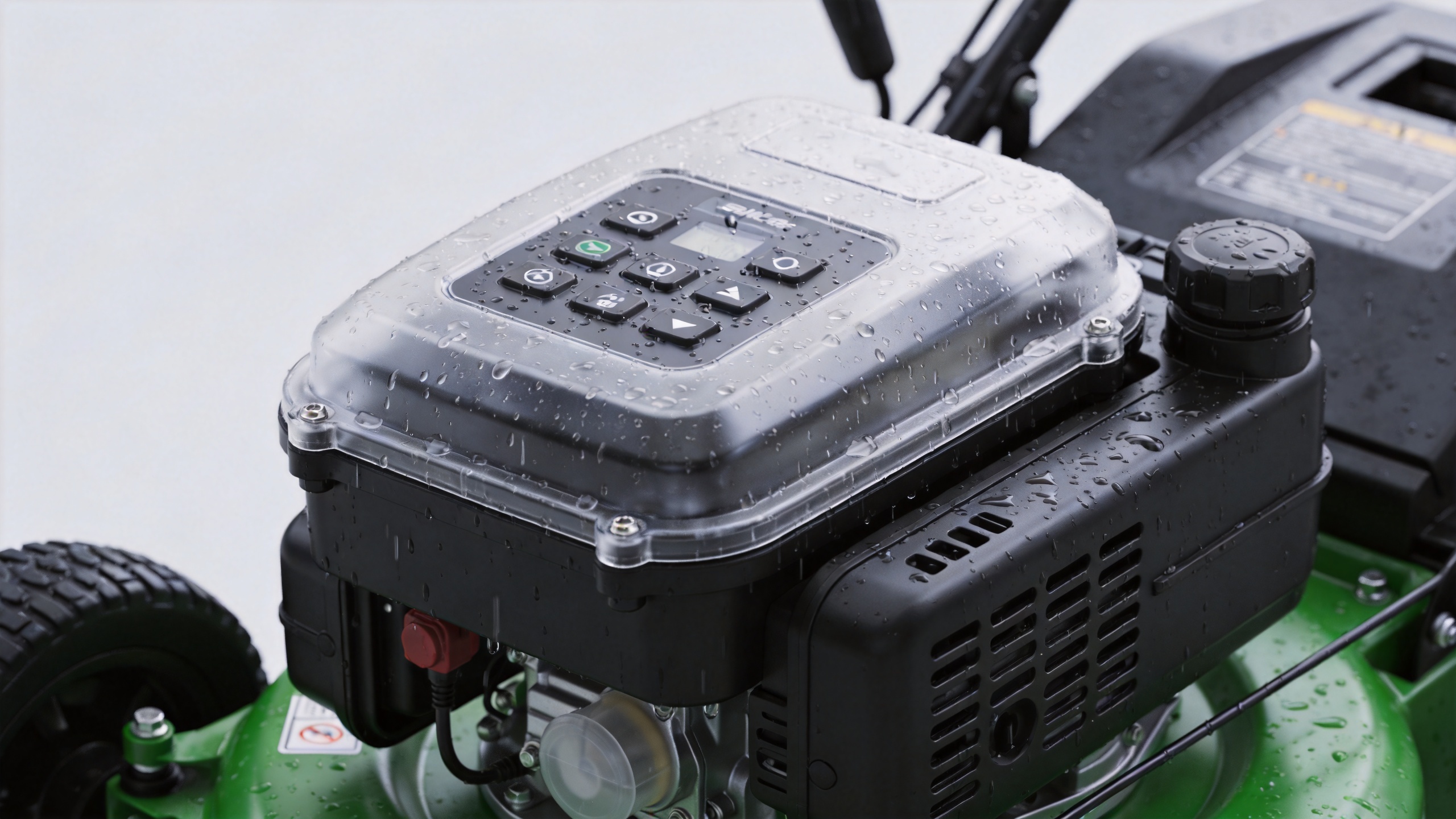 Sealed lawn mower controller enclosure illustrating water-protection checks