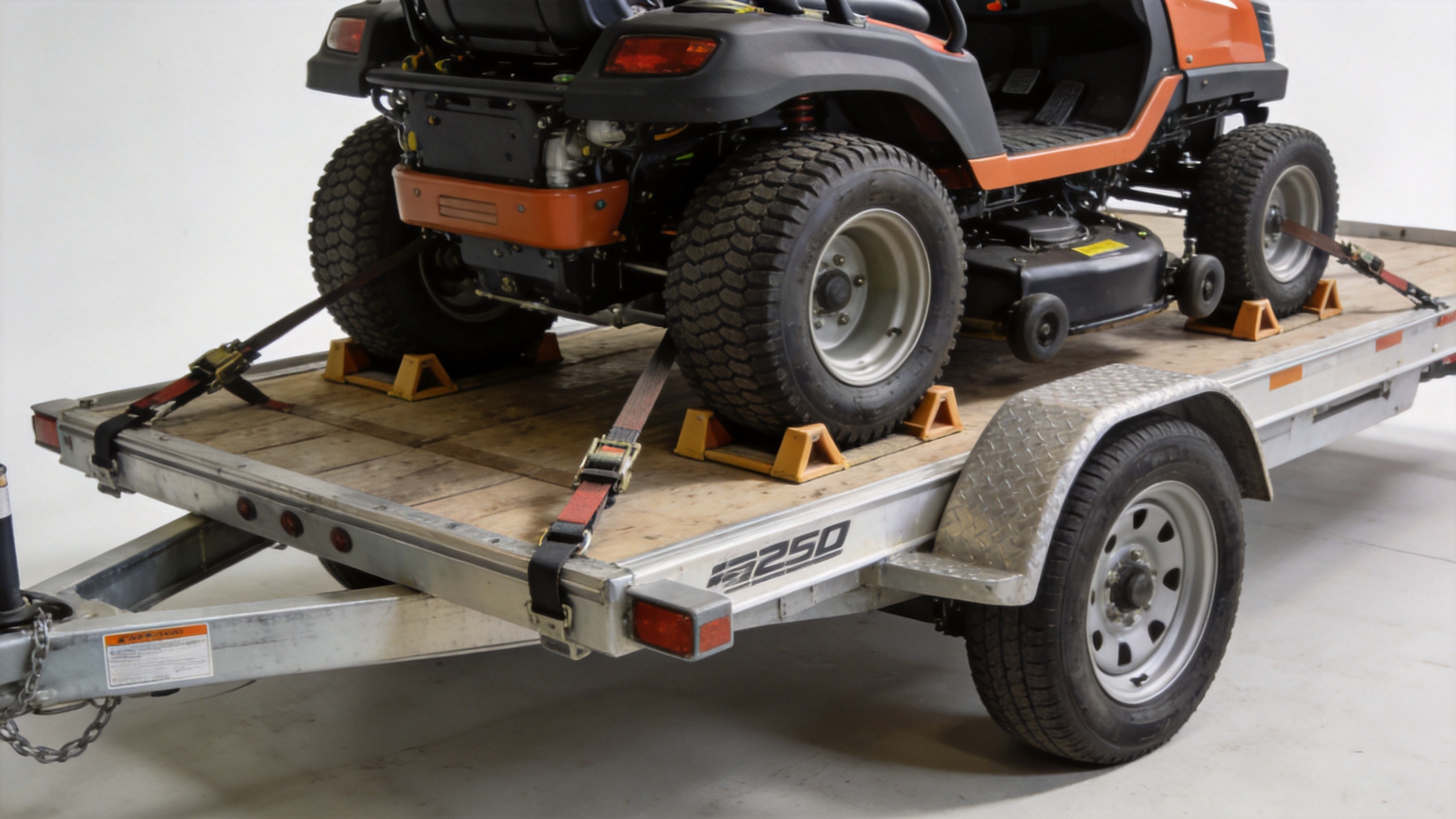 Large lawn mower secured for trailer transport