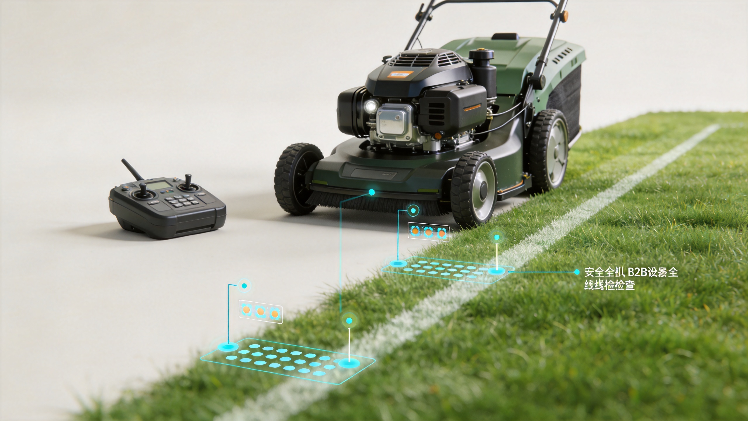 RC lawn mower beside a marked work boundary for smart safety planning