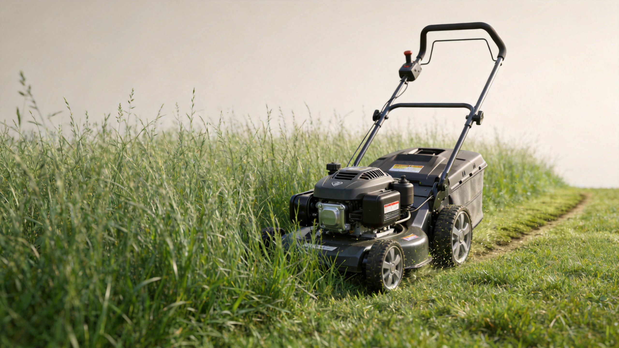 Remote control lawn mower making a careful first pass through dense tall grass