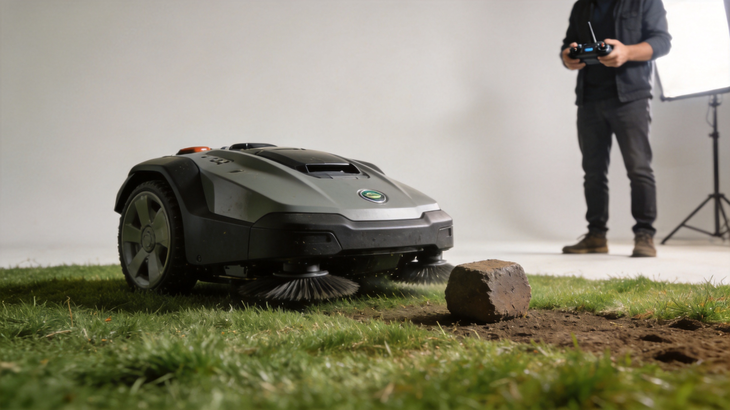 Robot lawnmower approaching a hard object under remote-control supervision