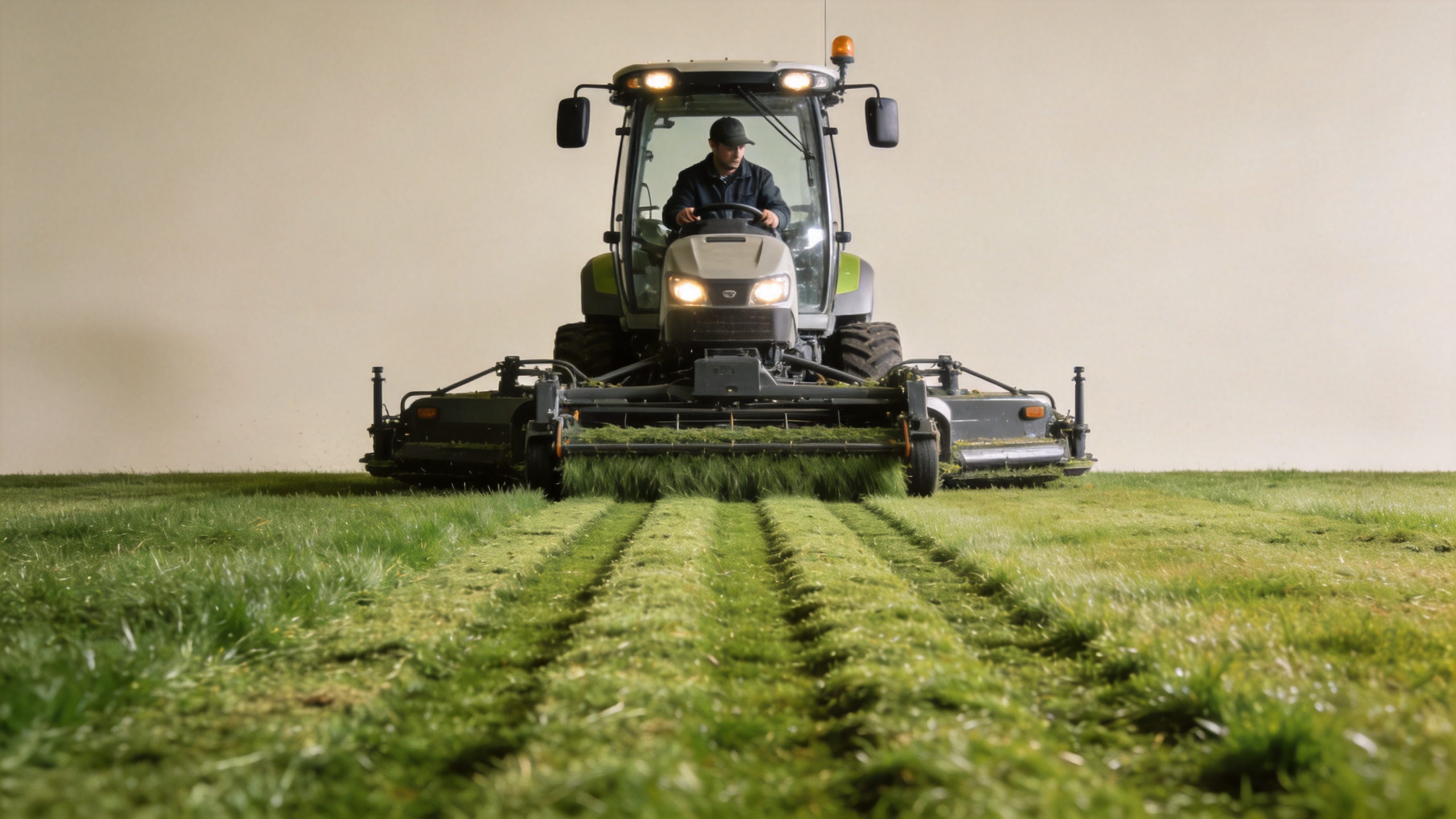 Professional grass cutter creating consistent mowing lanes on a prepared grassy site