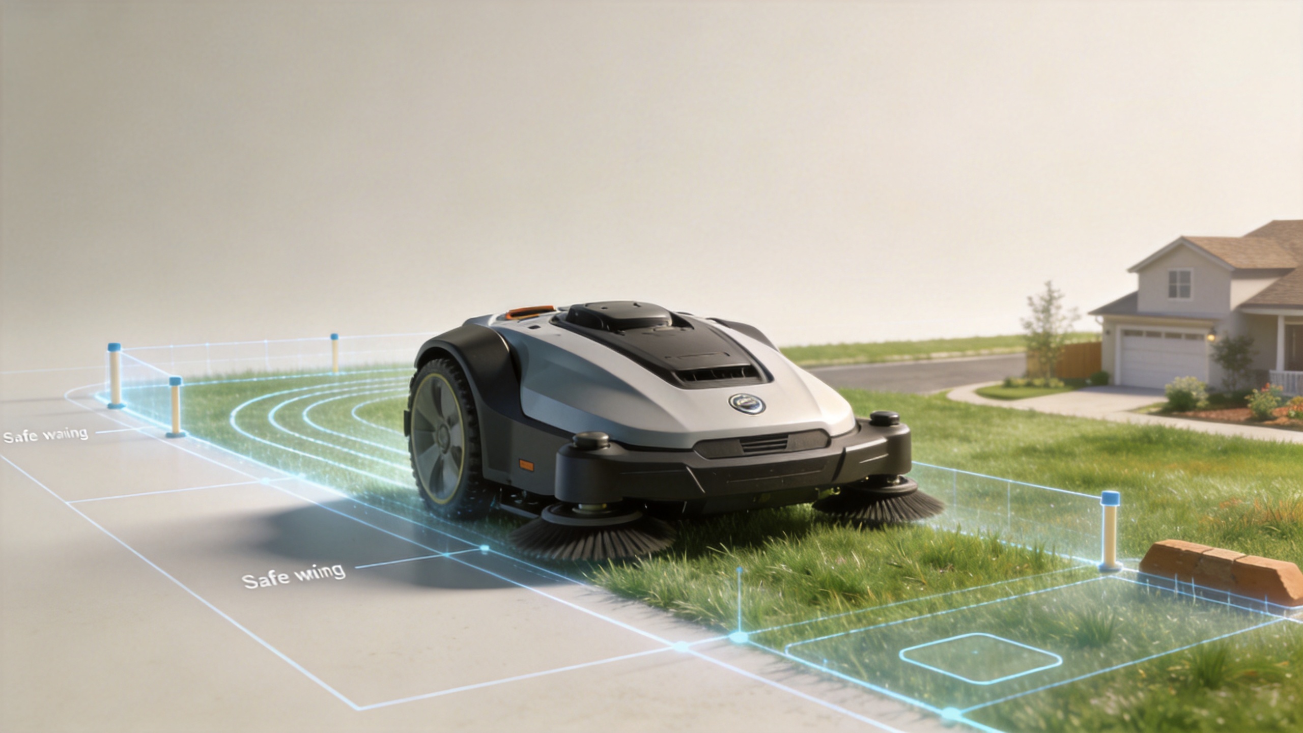 Robot lawnmower following a planned mowing route around lawn boundaries