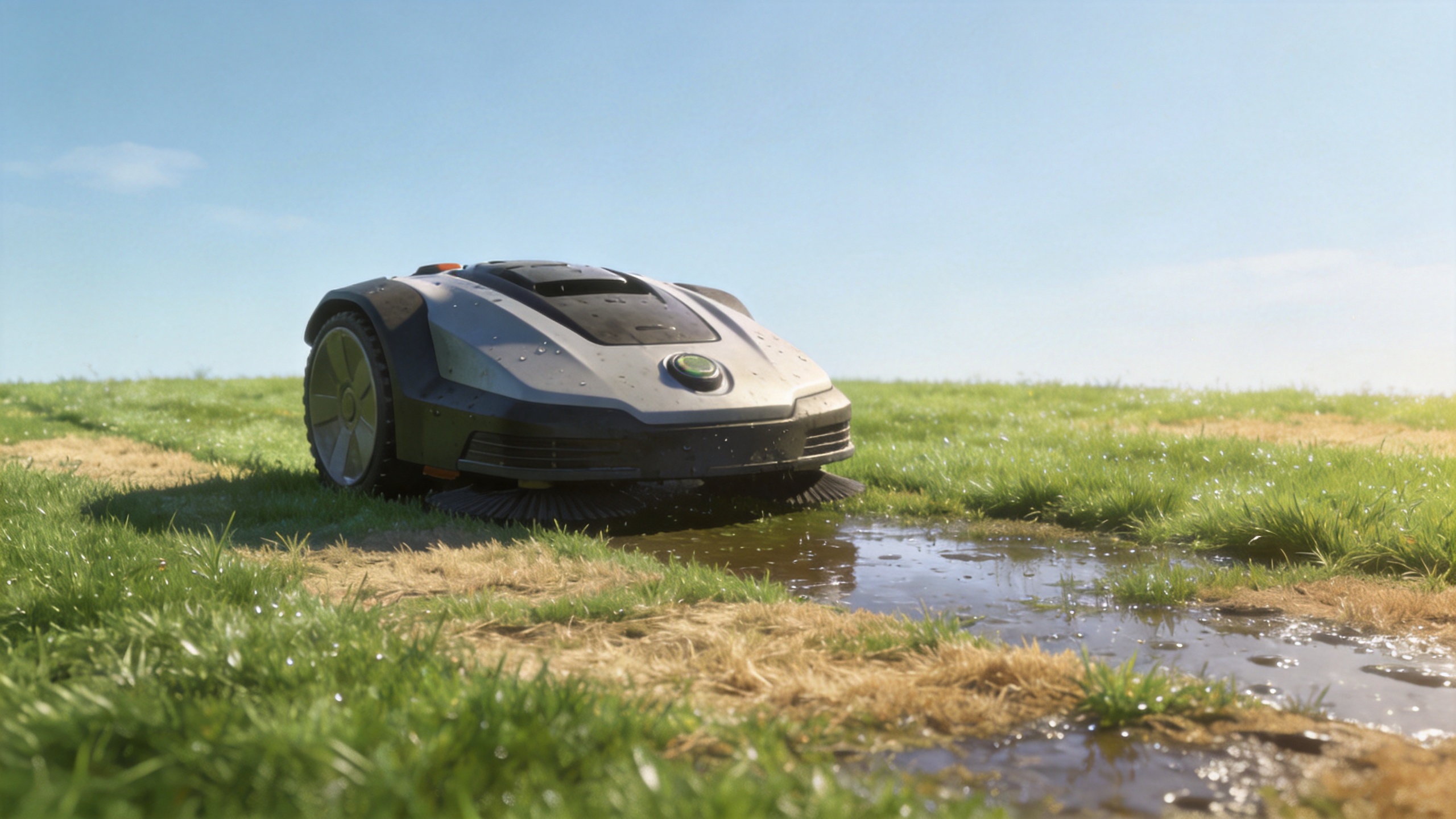 Robot lawnmower on a well-drained lawn after light rain