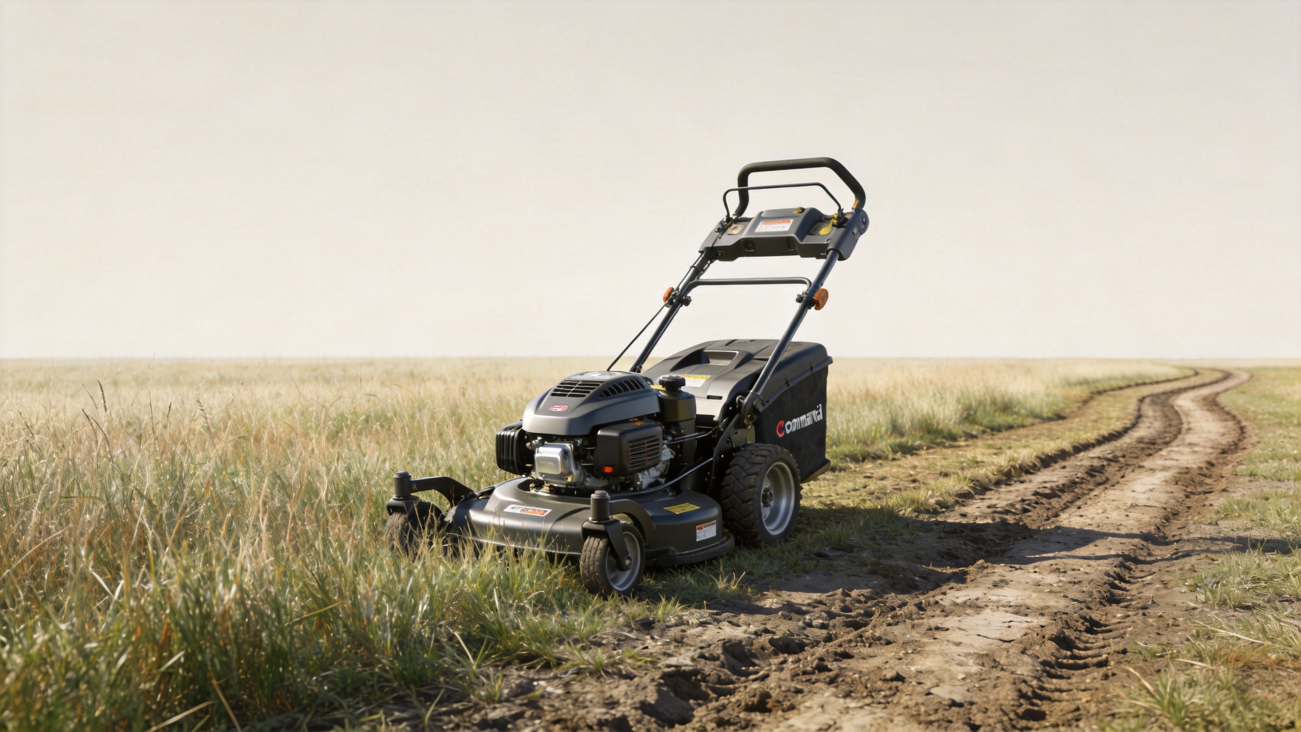 Diesel lawn mower parked beside rough farm terrain for site assessment