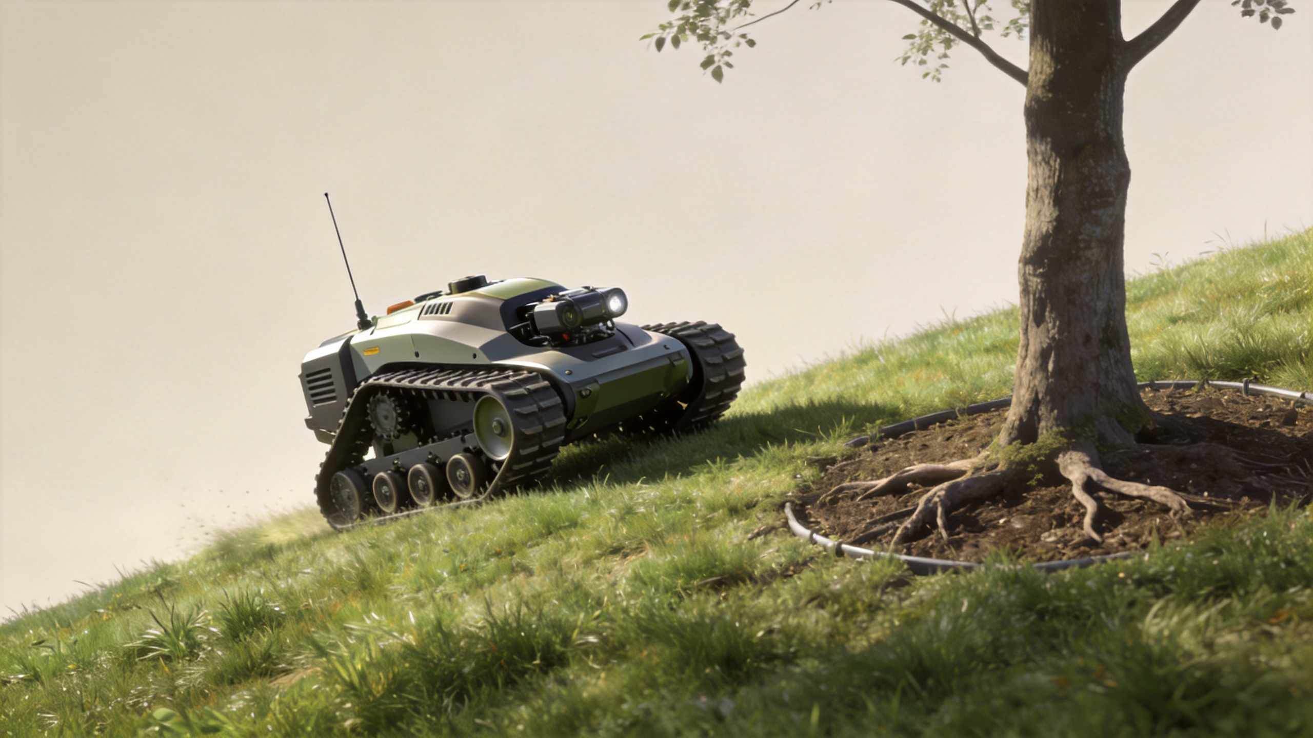 Tracked lawn mower moving carefully across a turf slope