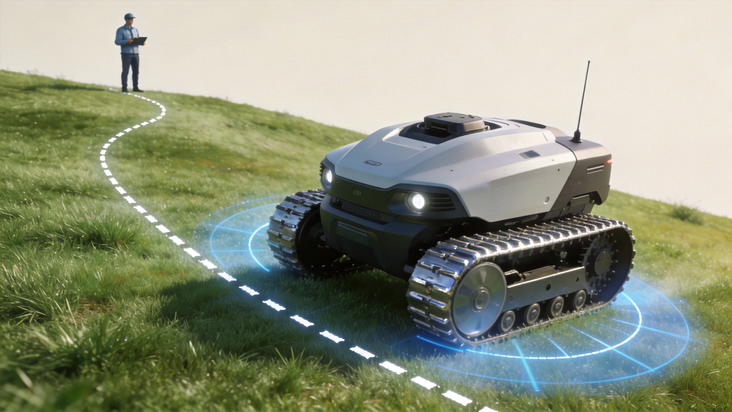 Autonomous remote control lawn mower following a planned slope route