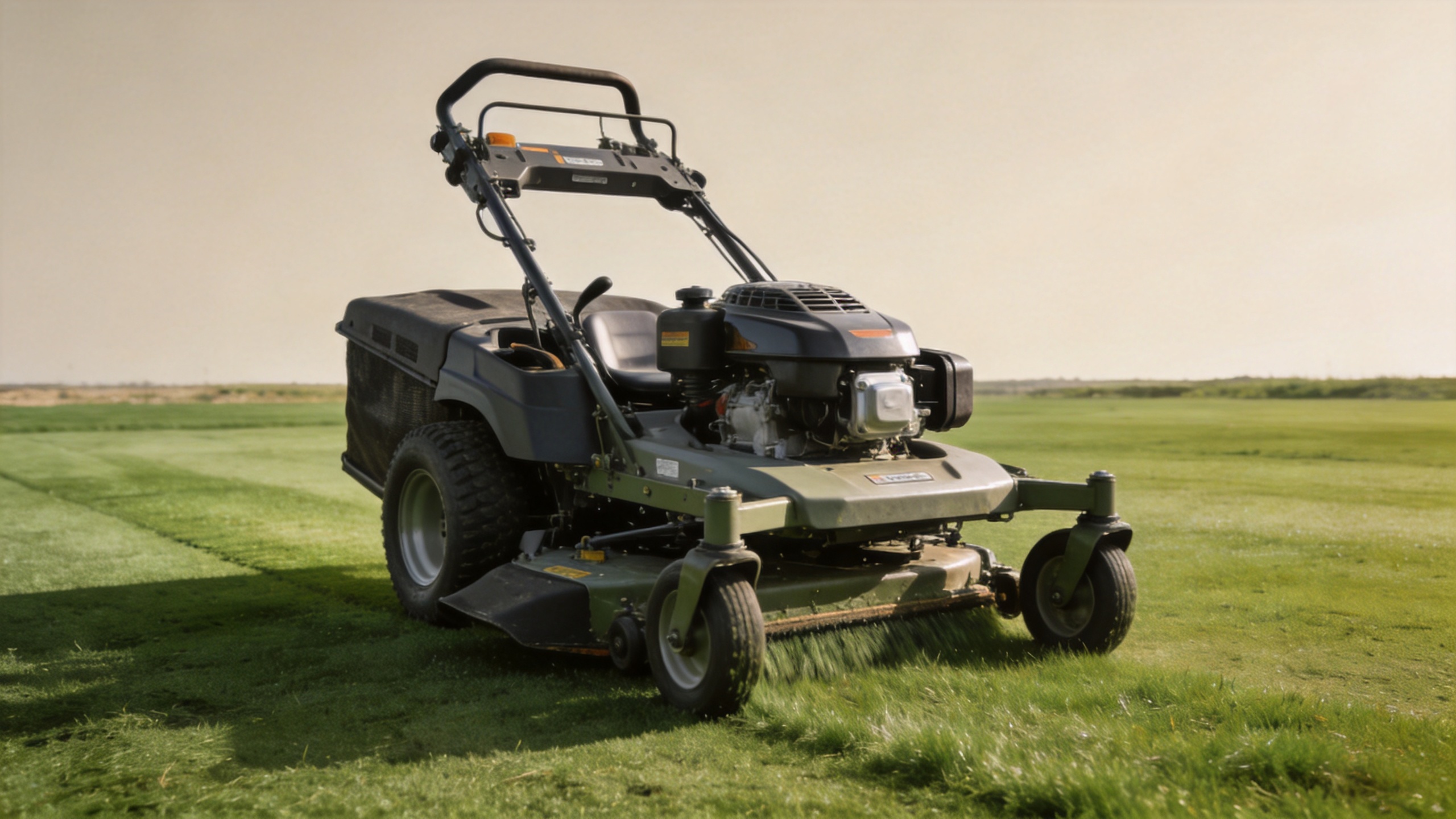 Diesel lawn mower working across a large commercial green project