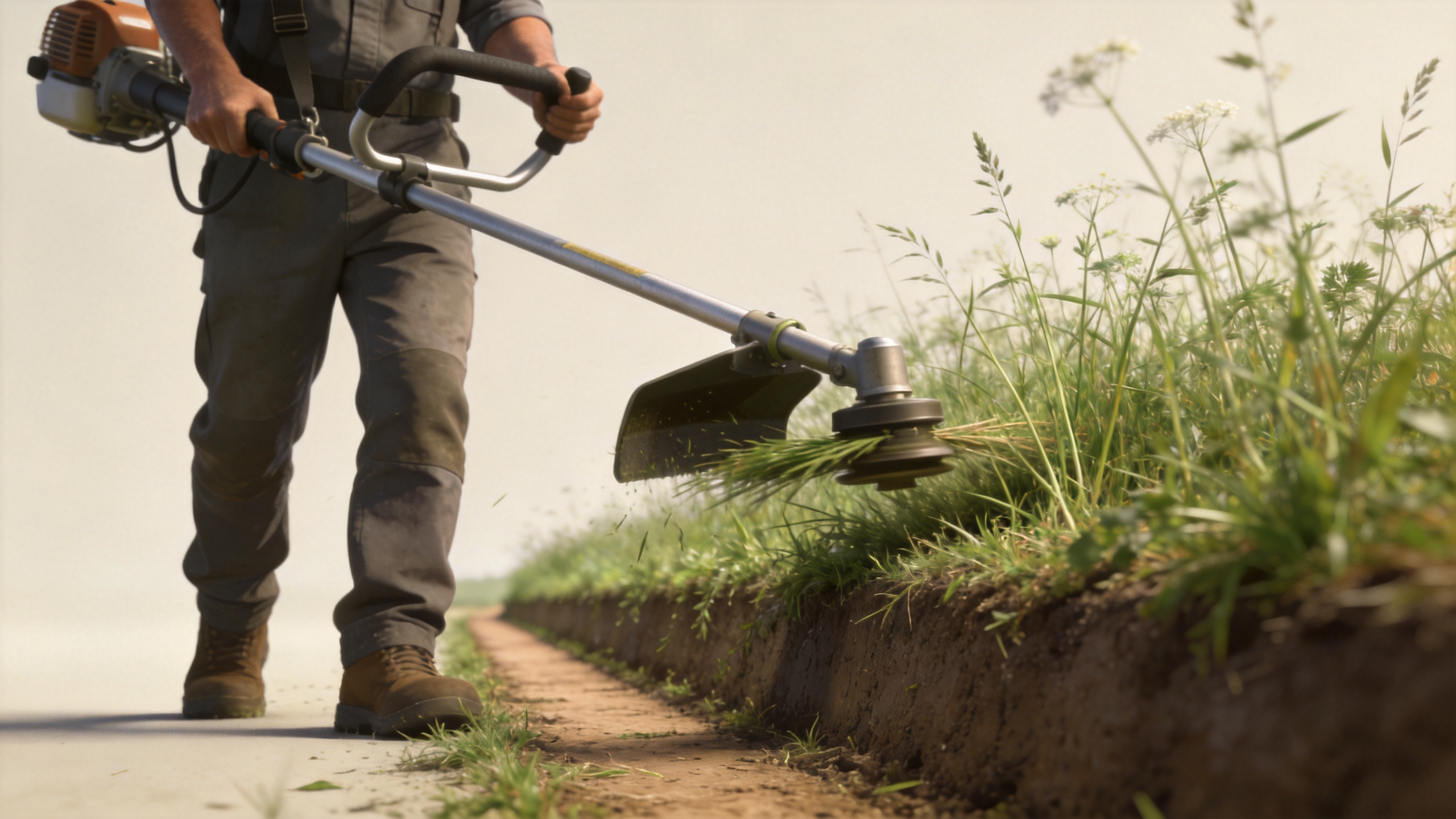 Grass cutter managing soft-stemmed weeds along a farmland margin