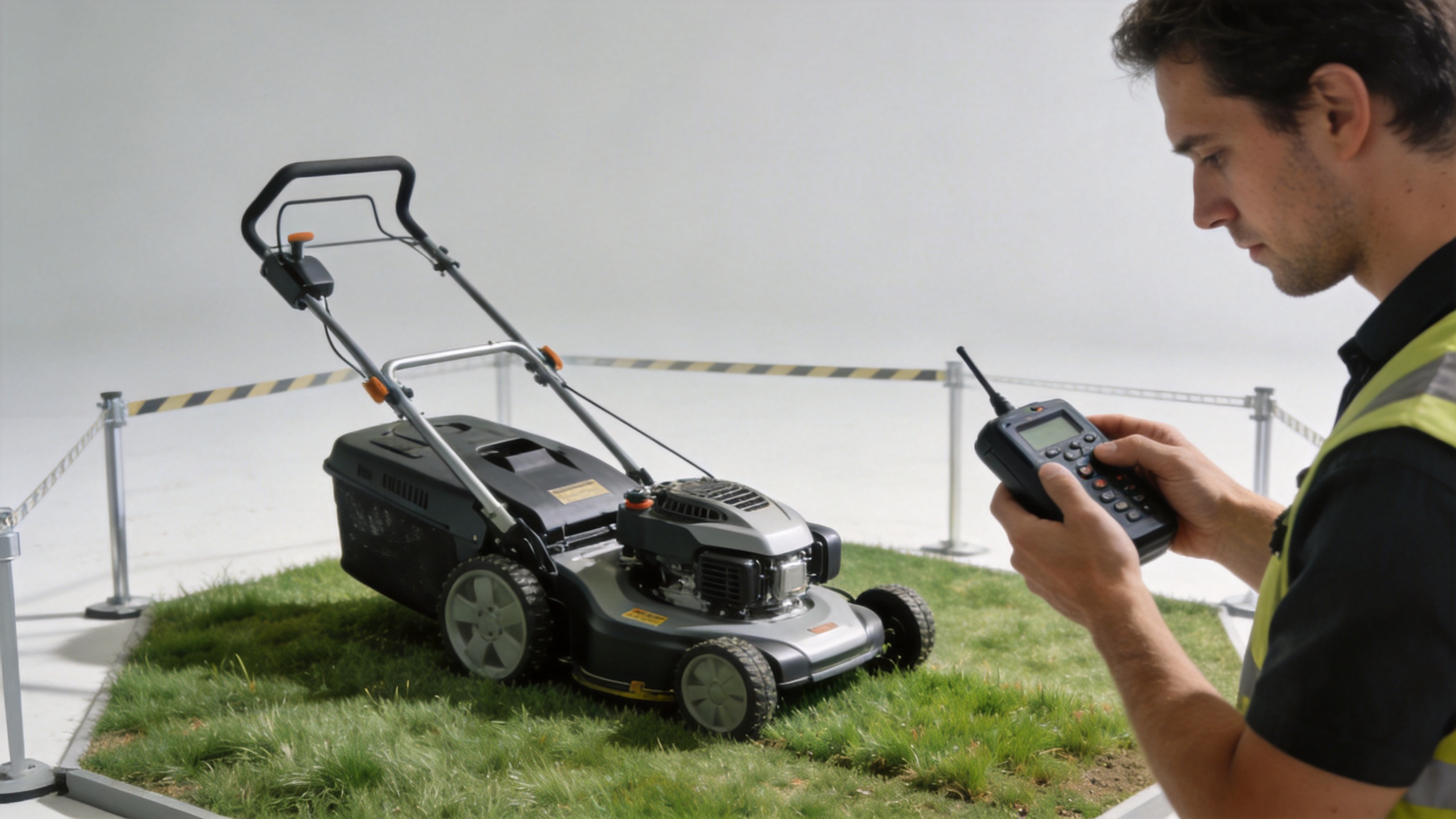 Operator checking an rc lawn mower remote signal in a controlled test area