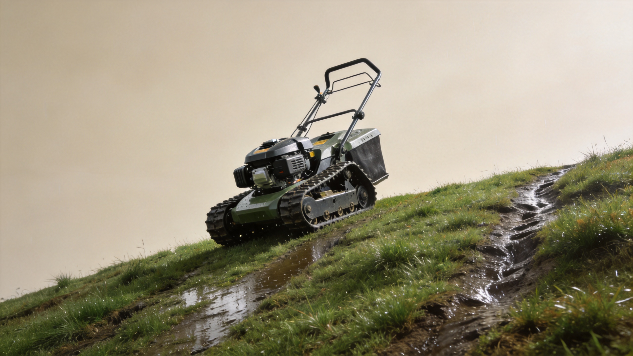 Tracked lawn mower on a steep grassy slope