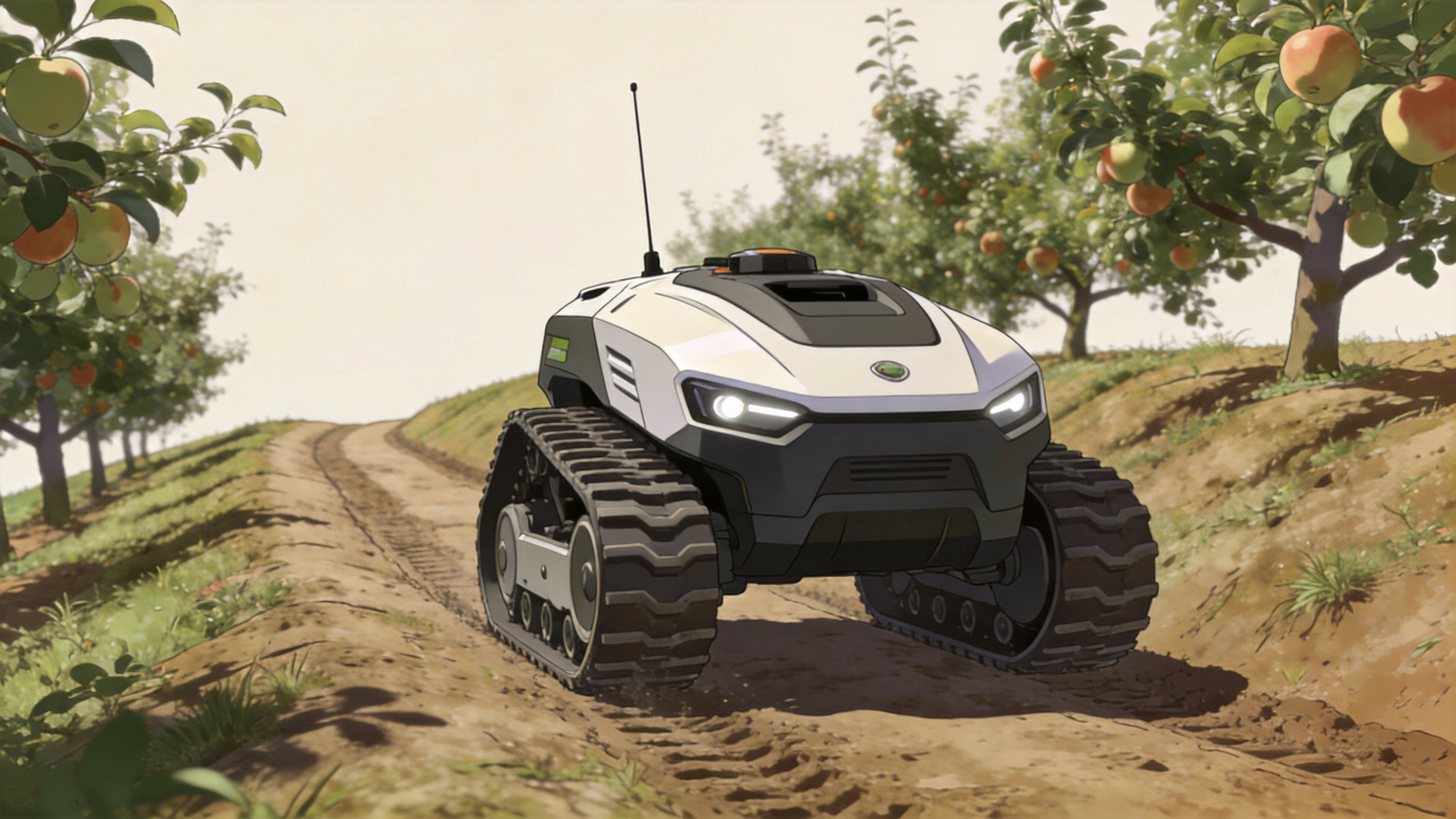 Tracked robot lawnmower maintaining ground contact on a sloped orchard lane