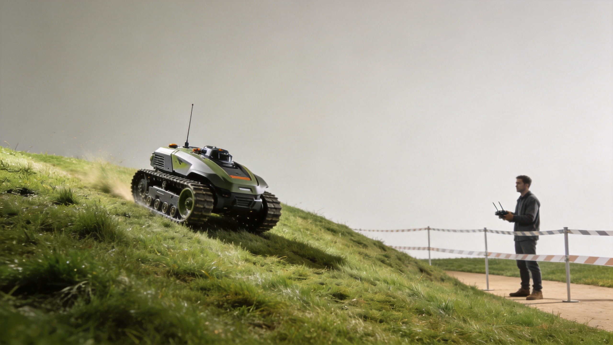 Tracked lawn mower operating on a grassy slope with a remote operator
