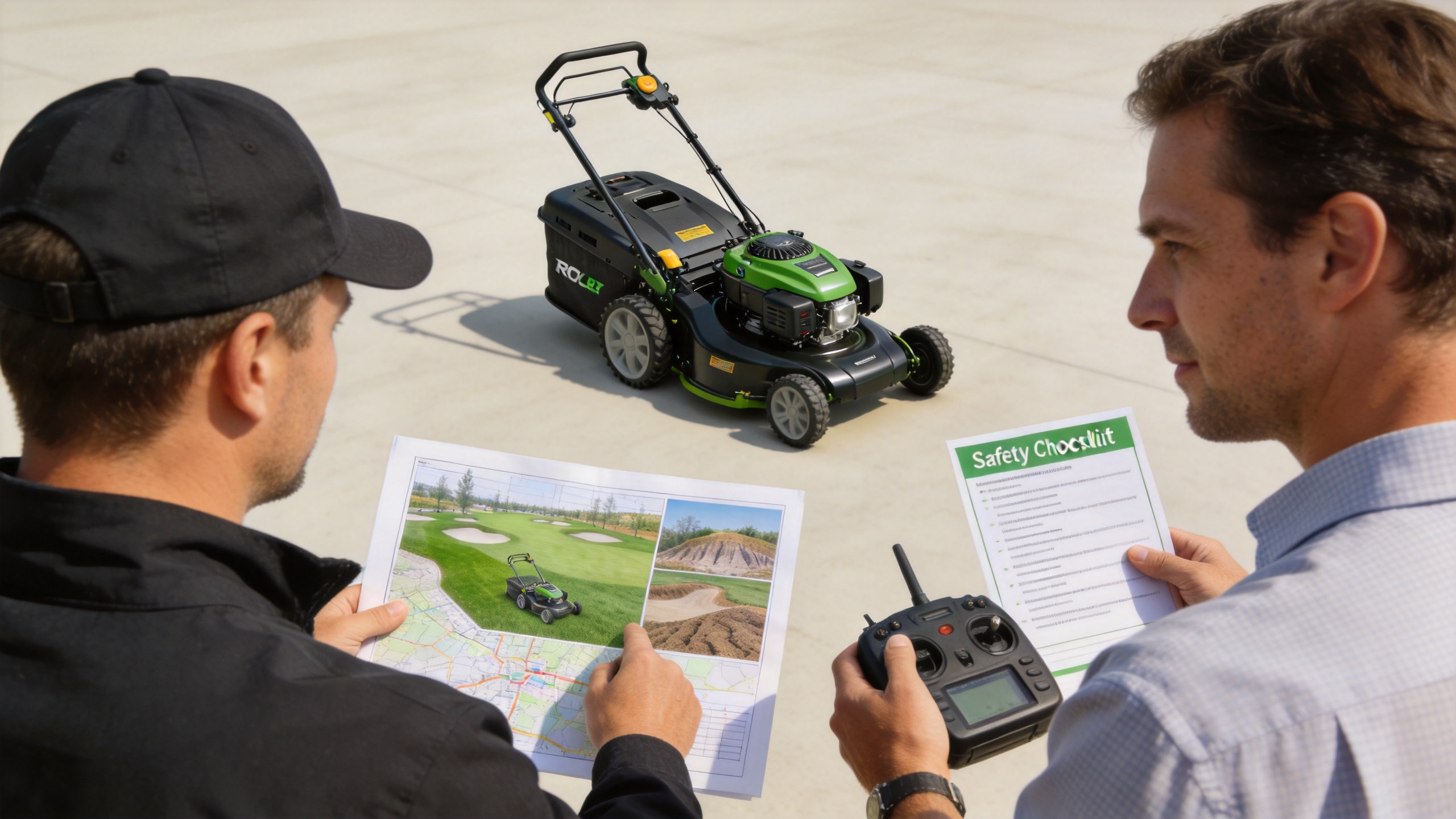 Buyer and consultant reviewing rc lawn mower site requirements