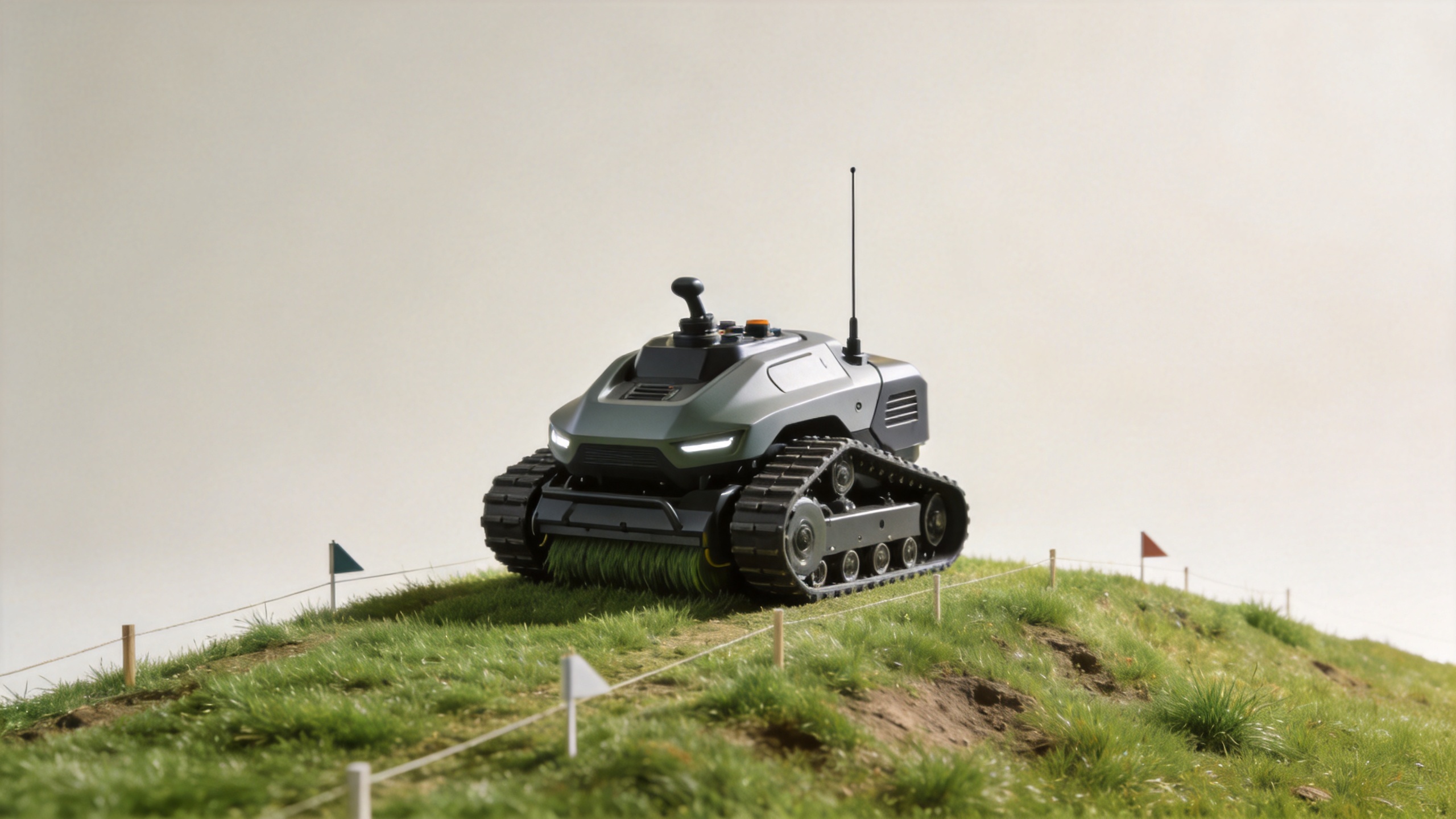 Tracked lawn mower on a grassy slope for terrain capacity assessment