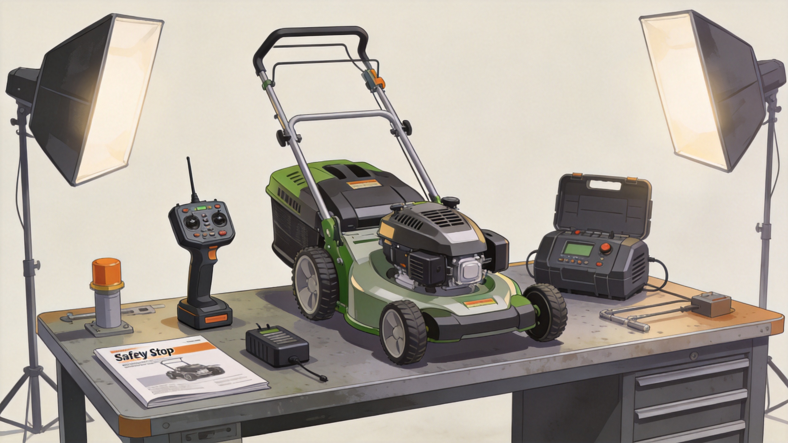 RC lawn mower kit components including a remote controller and charging equipment