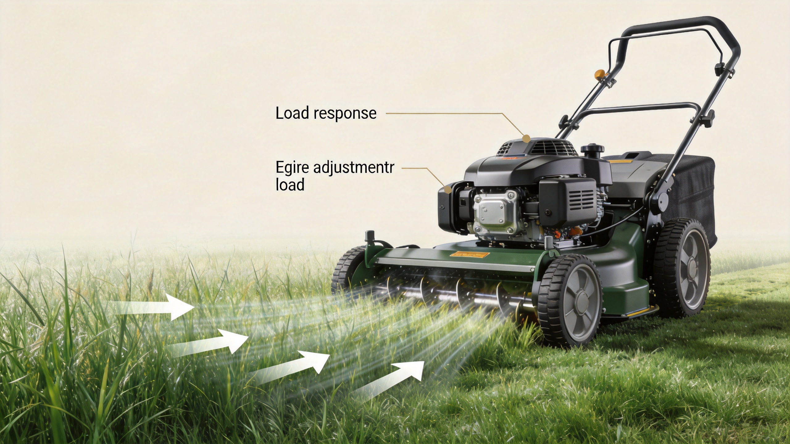 Diesel lawn mower working through dense grass under heavy cutting load