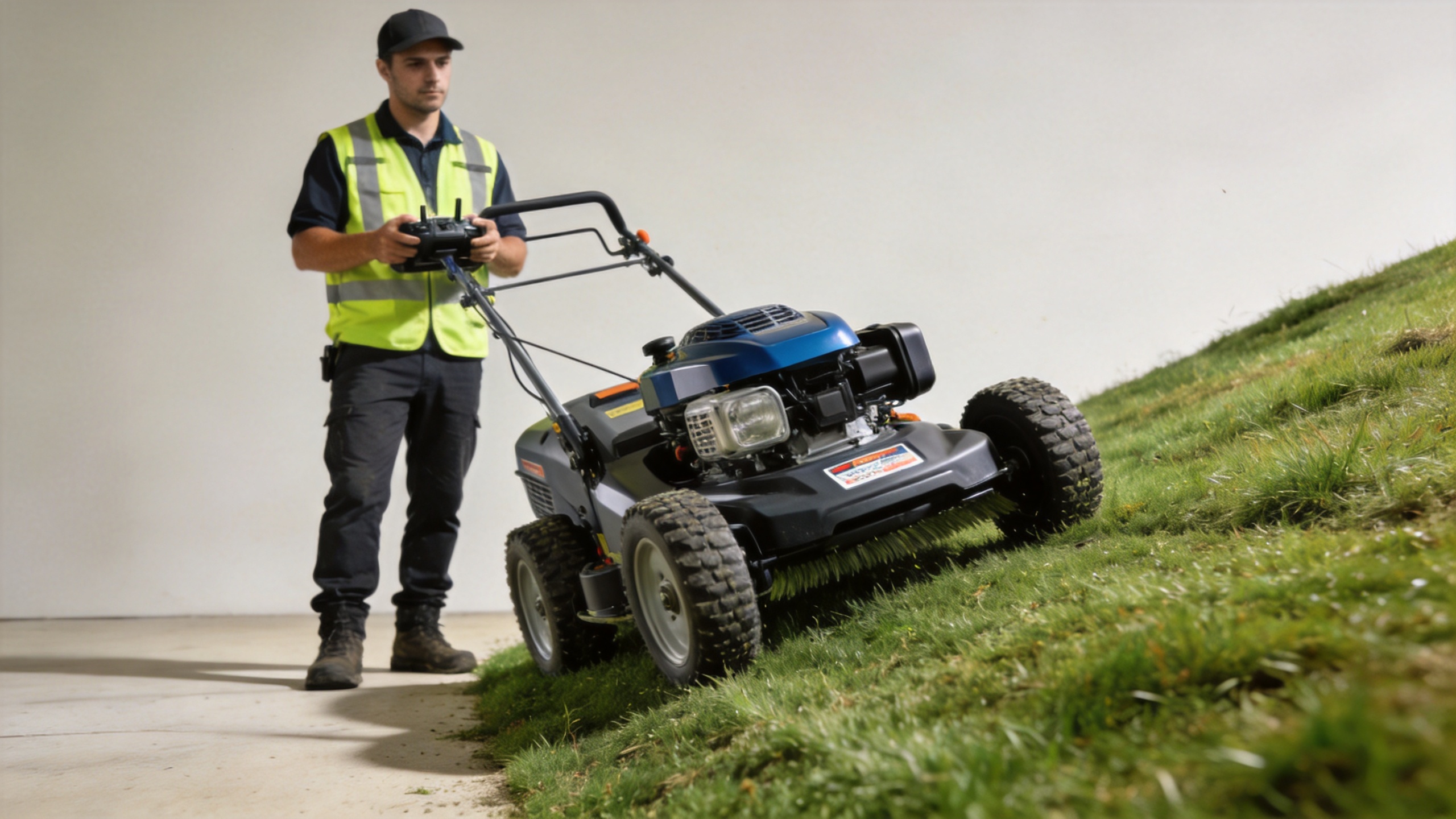Remote-control lawn mower supervised from safe ground