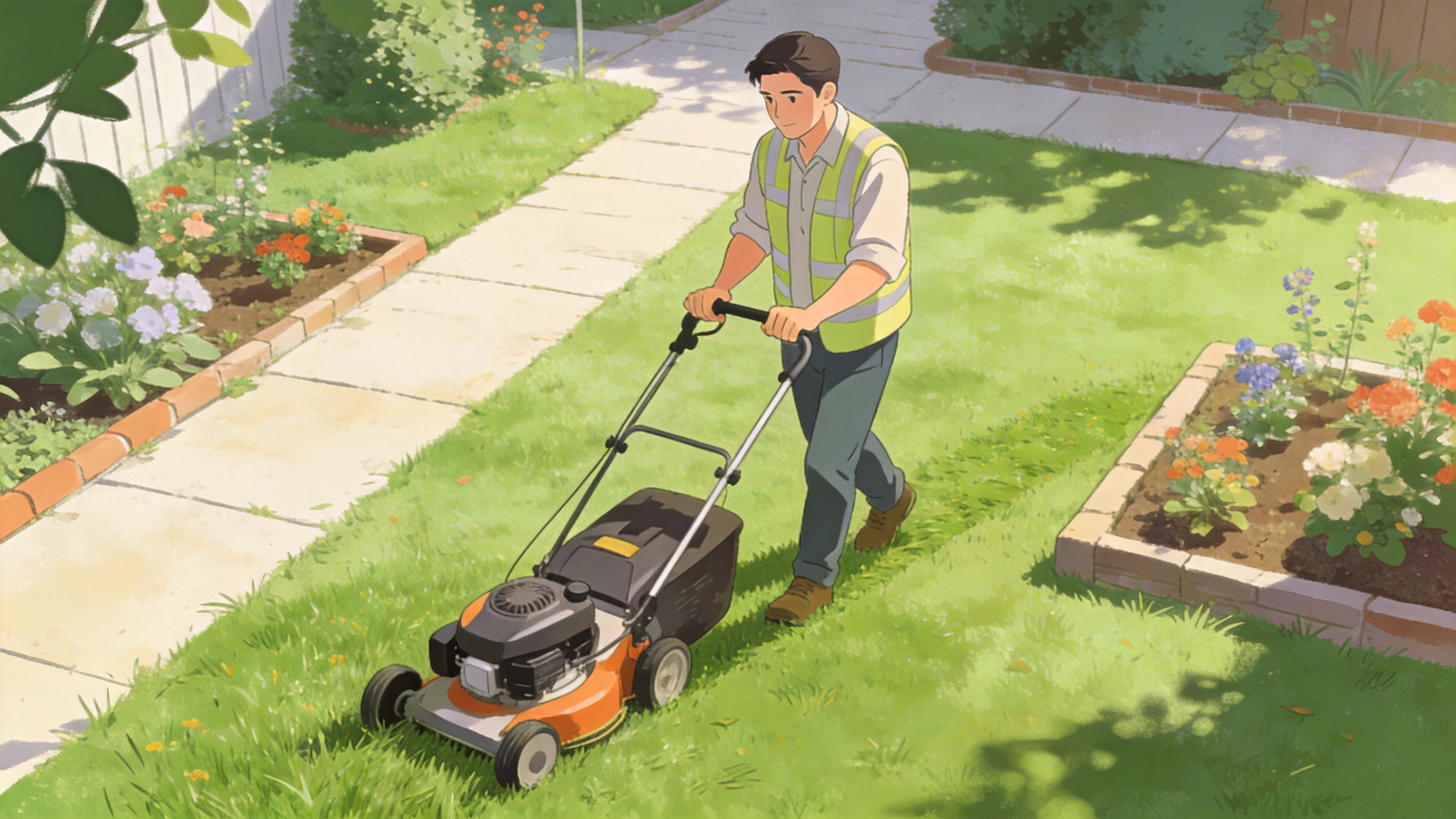 Home garden grass cutter prepared for safe lawn care