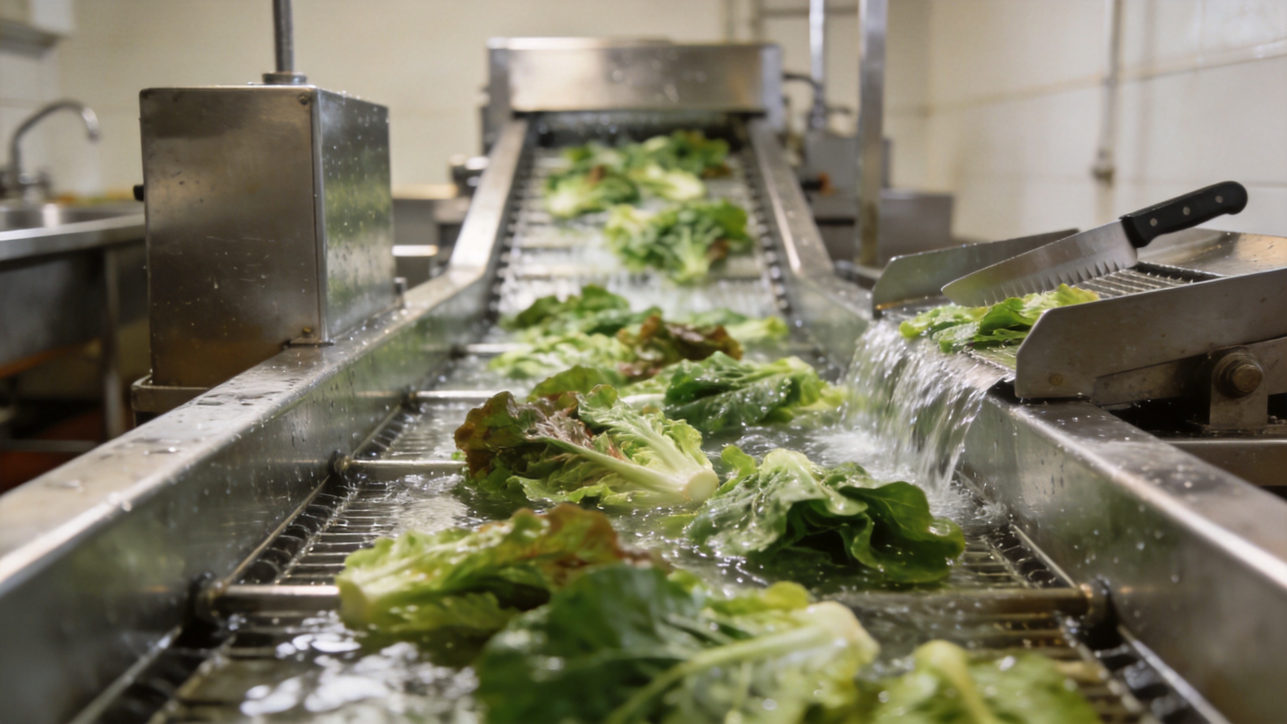 Vegetable processing line connecting washing and cutting stages