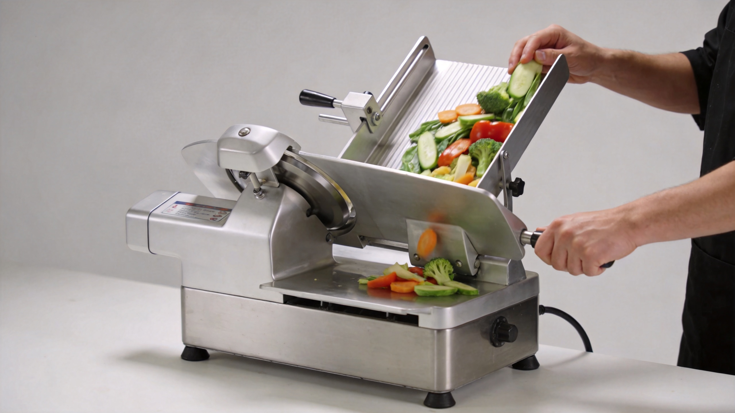 Vegetable slicing machine in a high-volume central-kitchen preparation workflow