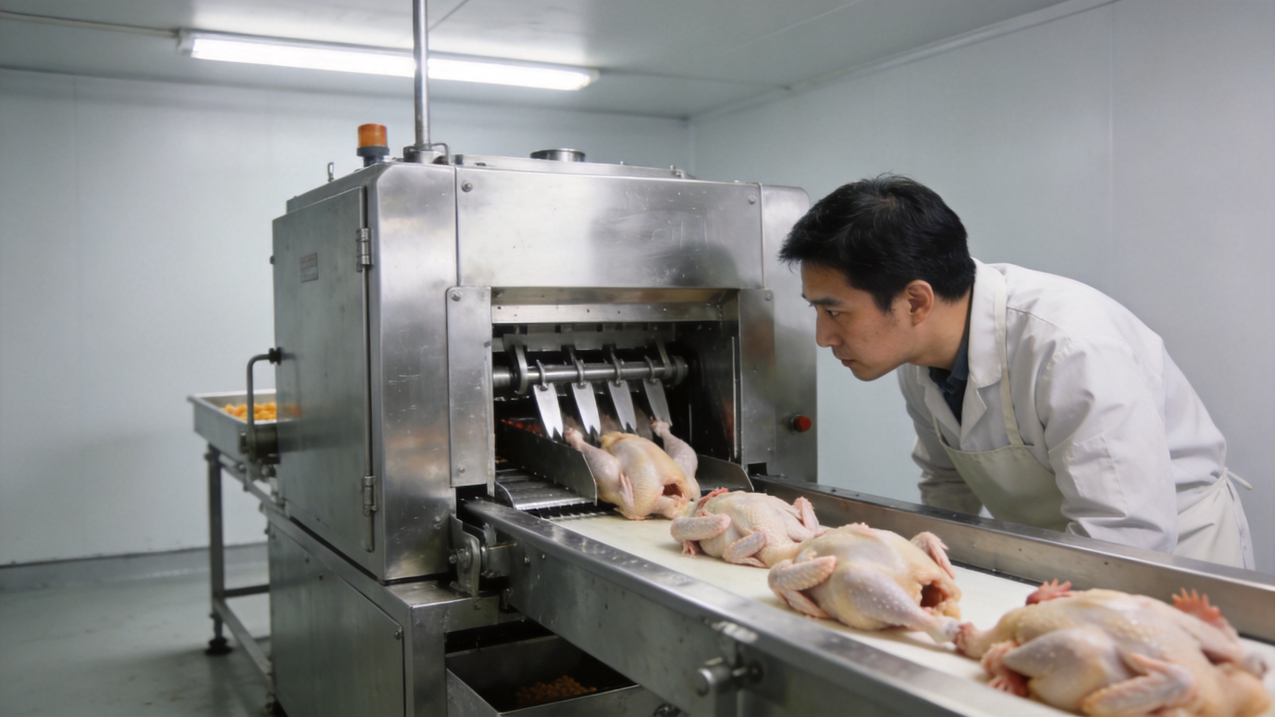 Chicken cutting machine in a clean food-processing area