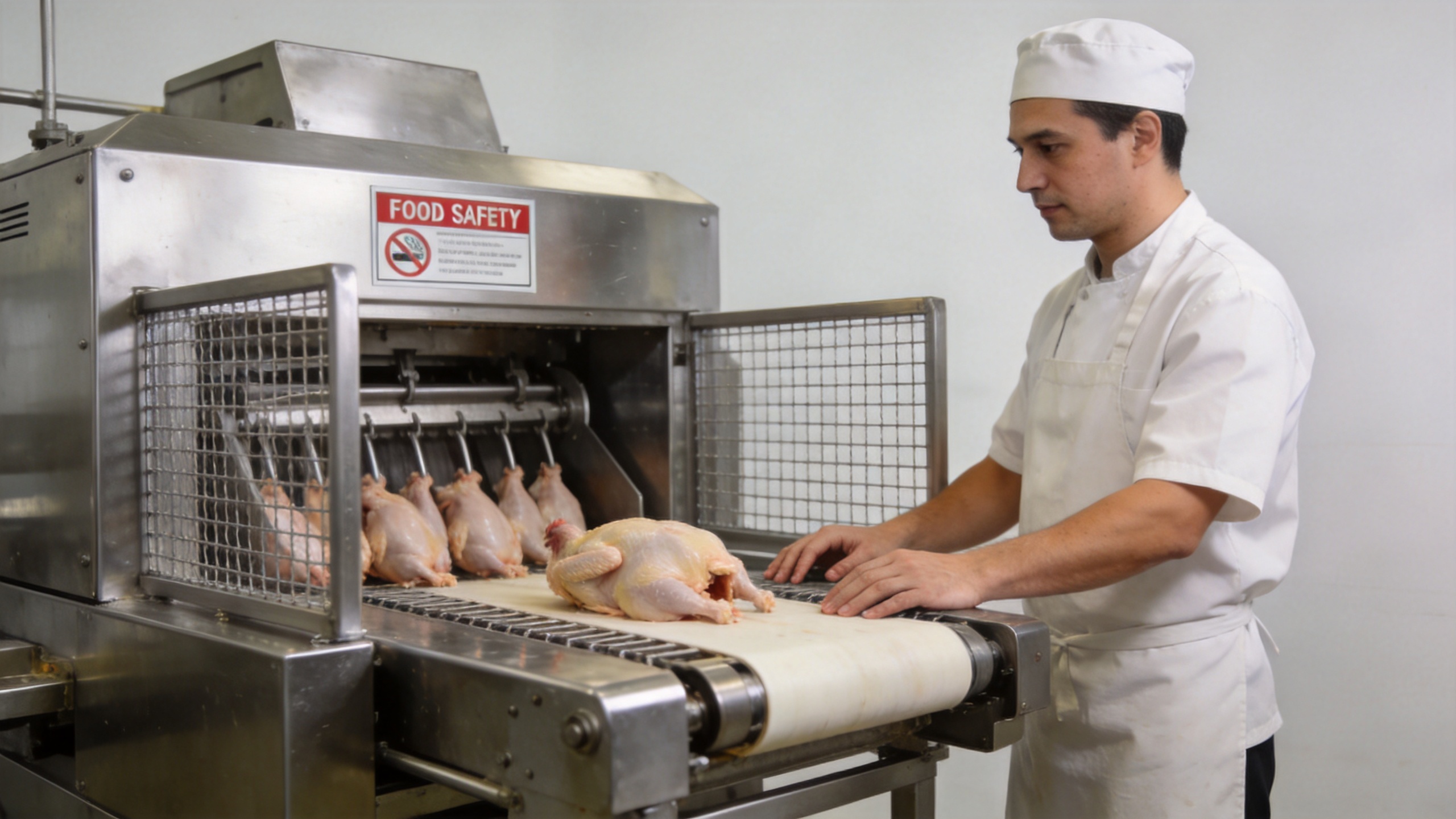 Operator following safe chicken cutting machine practices in a poultry processing area