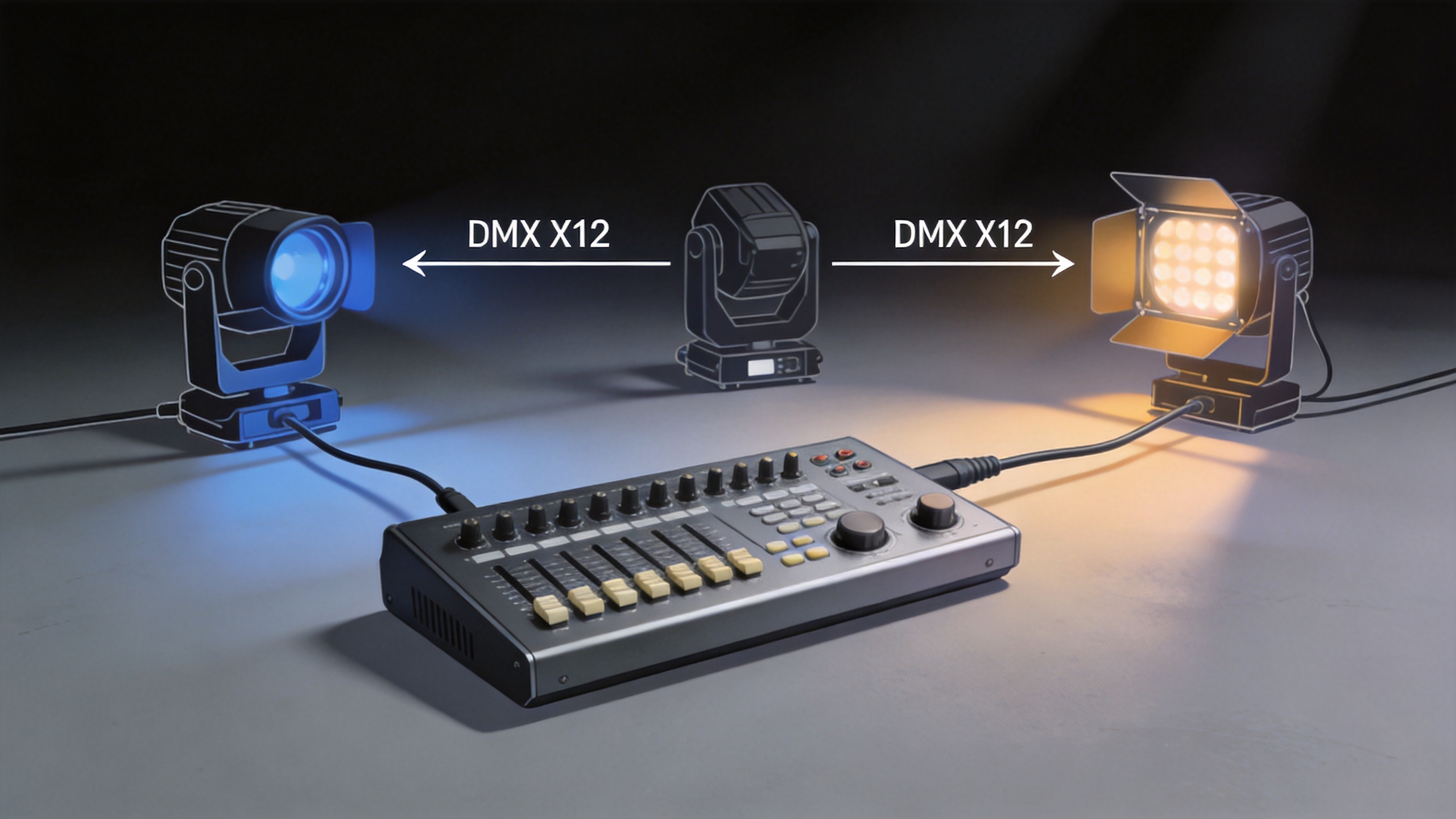 DMX 512 controller signal flow to stage lighting fixtures