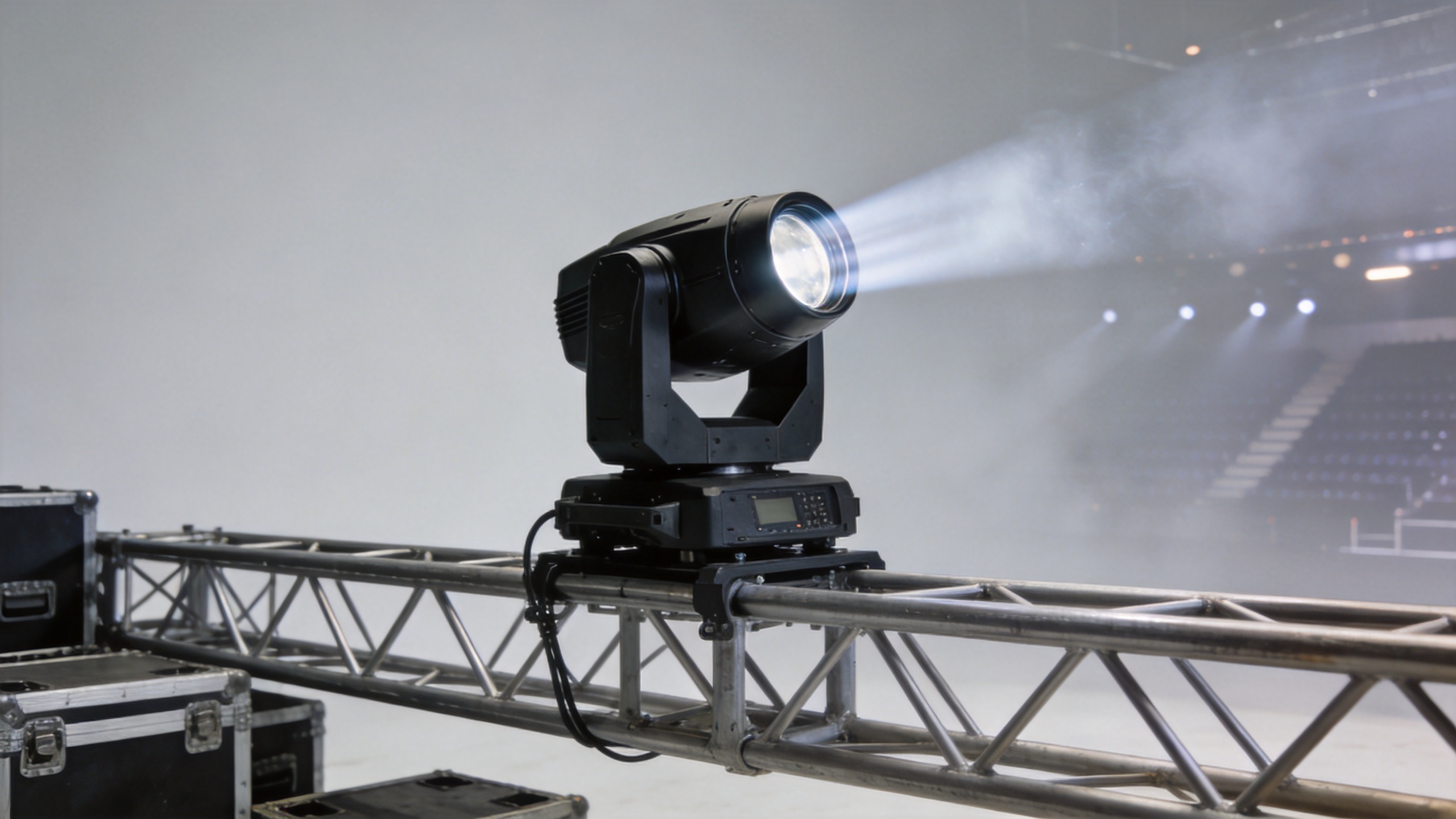 Touring moving head beam fixture on concert truss