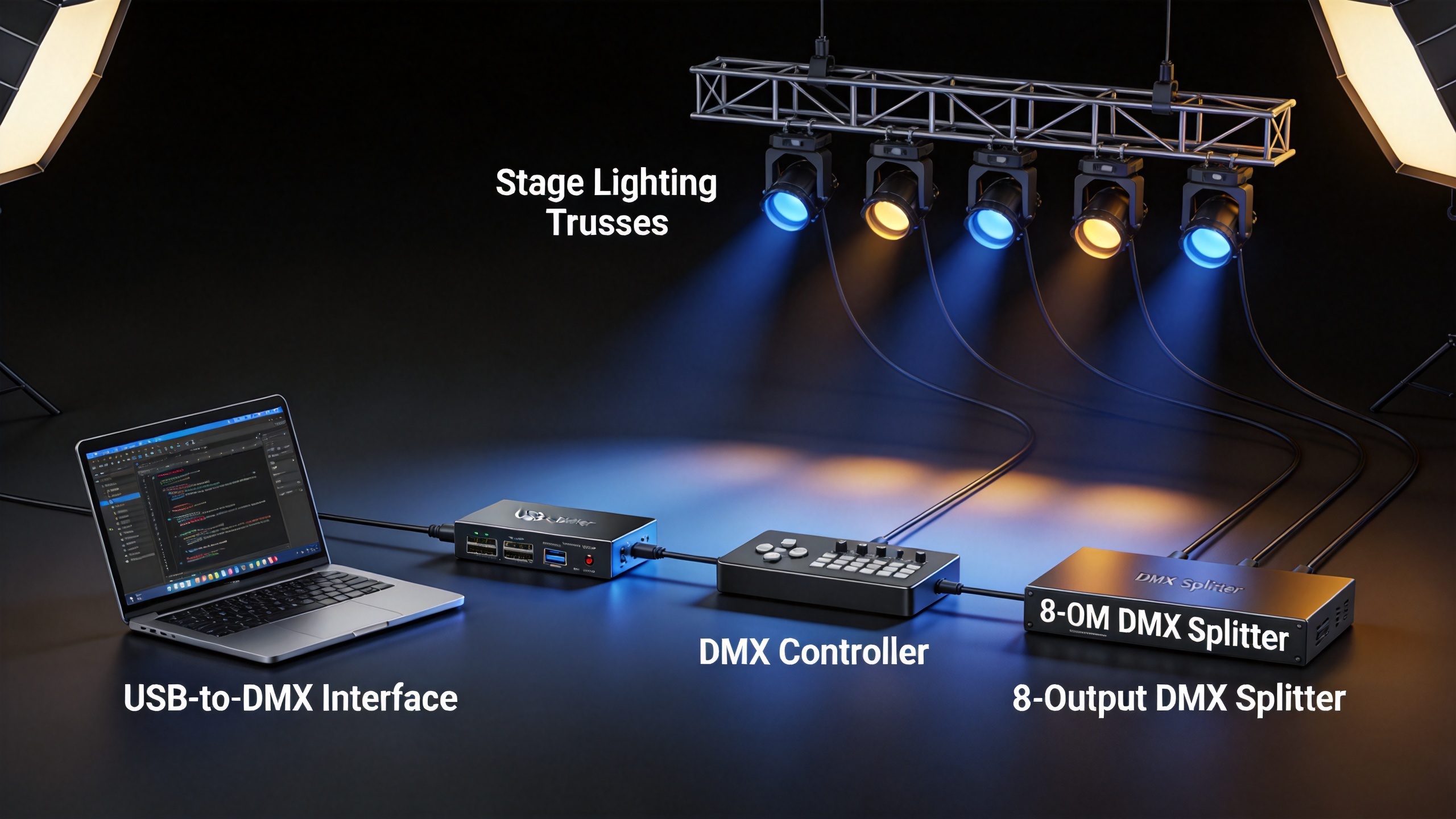 DMX USB interface, controller, and splitter signal path for stage lighting