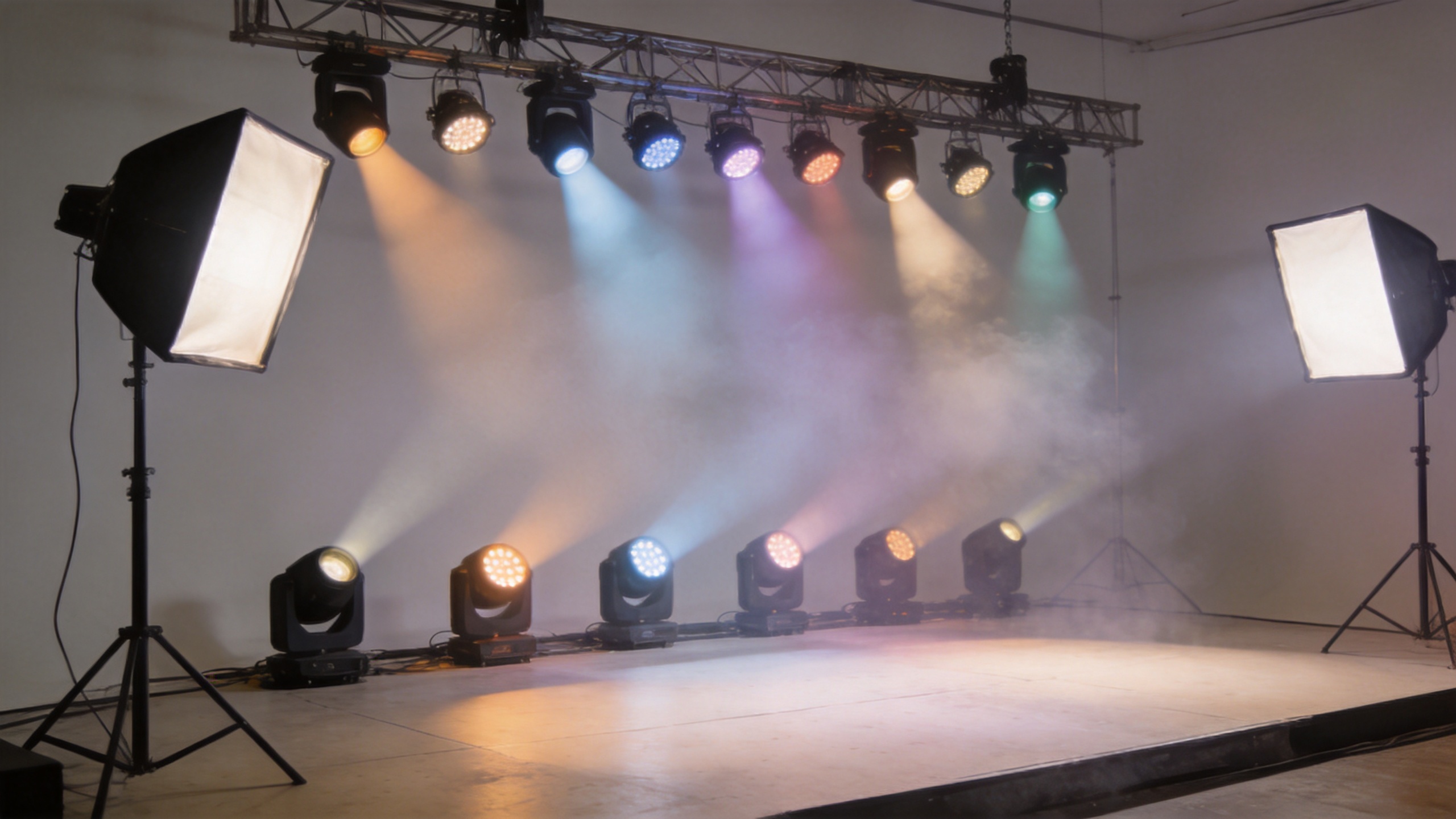 Professional stage concert lights arranged on a live-event rig