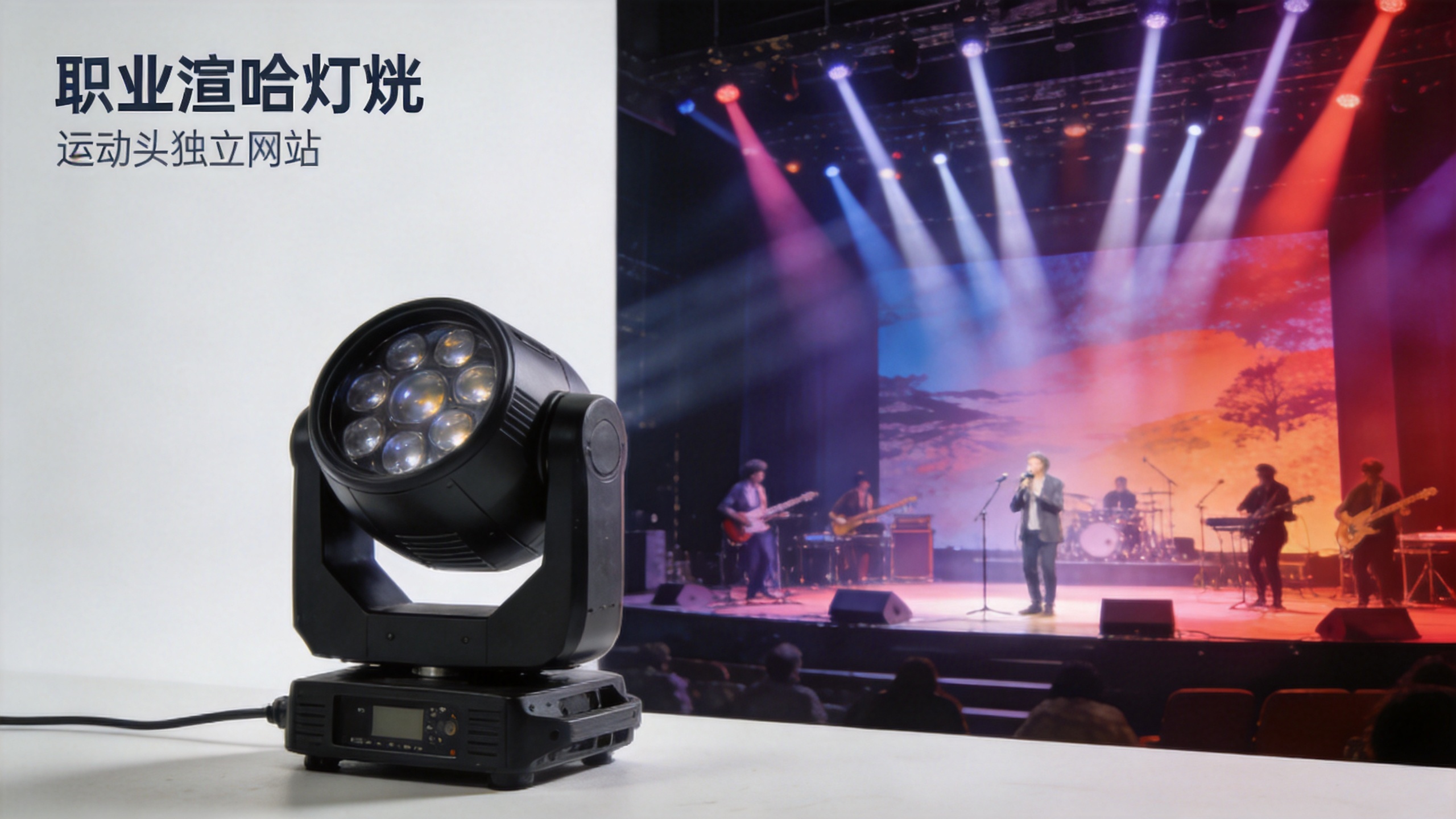 Professional concert lighting with a wide color wash and layered moving-head beam effects